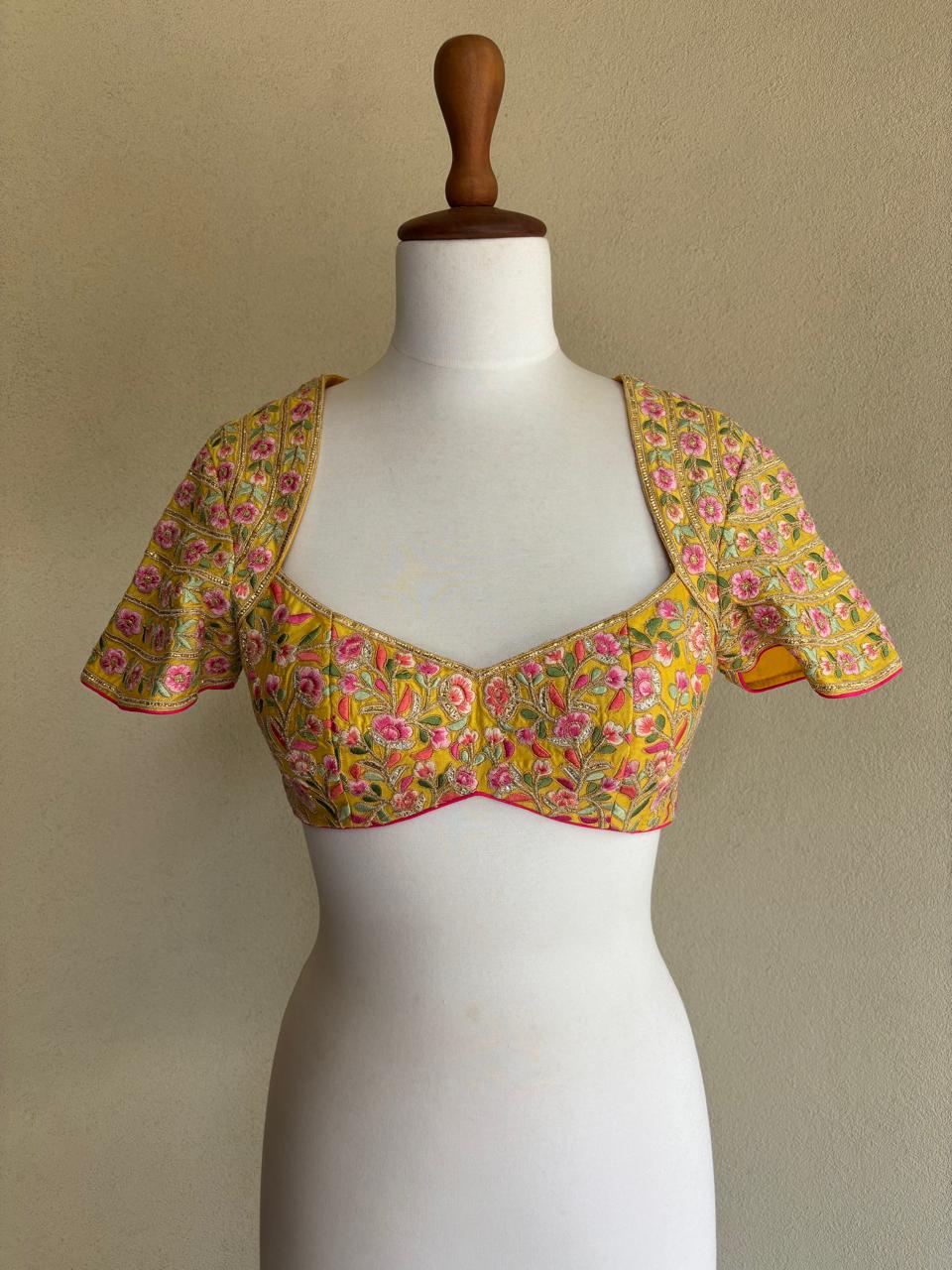Yellow multi resham, gota, mirror blouse