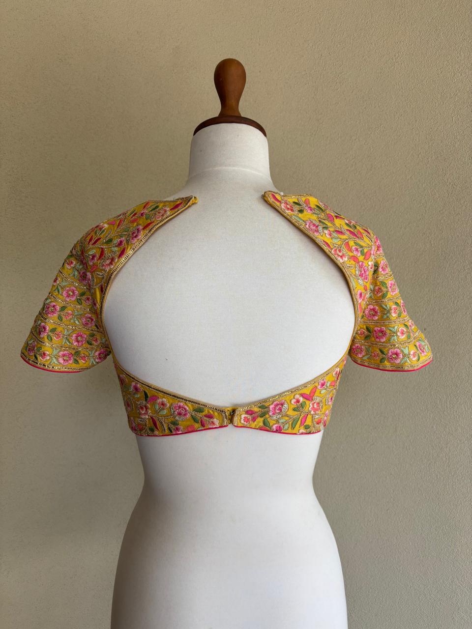 Yellow multi resham, gota, mirror blouse