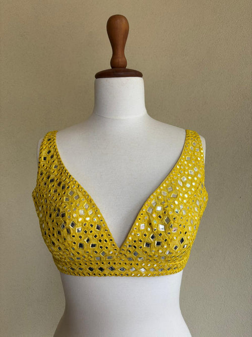 Yellow georgette blouse with foil embroidery