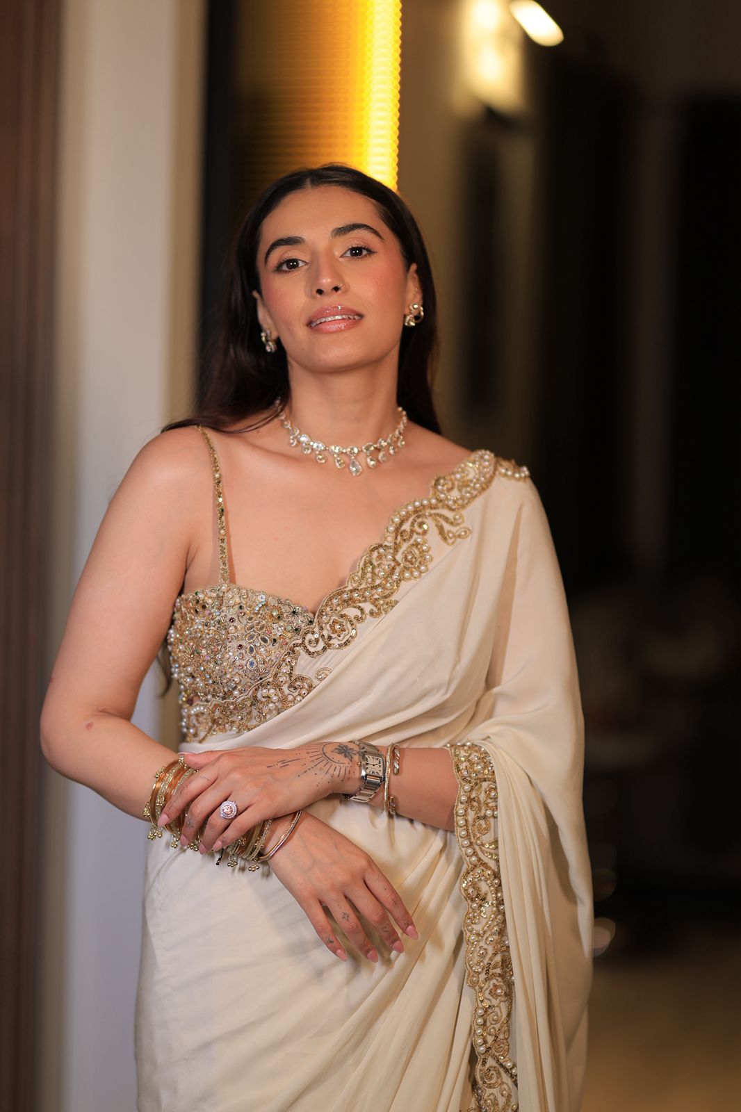 Divyanshak Kaushik In Our Ivory Gold Saree Set