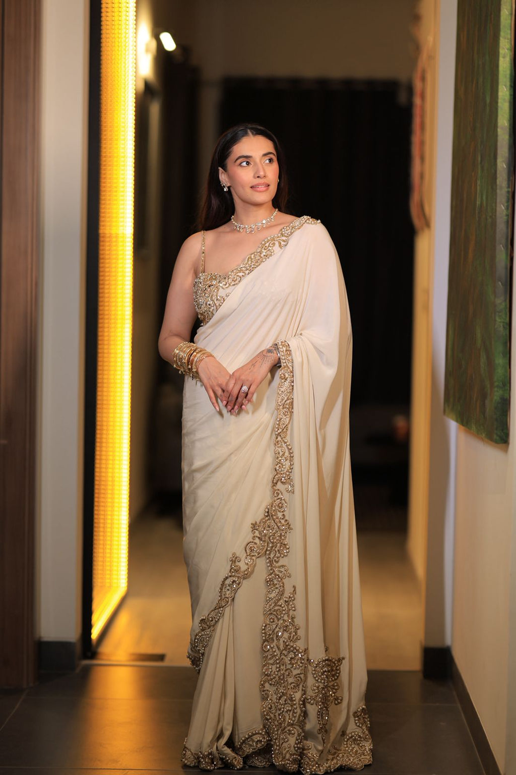 Divyanshak Kaushik In Our Ivory Gold Saree Set