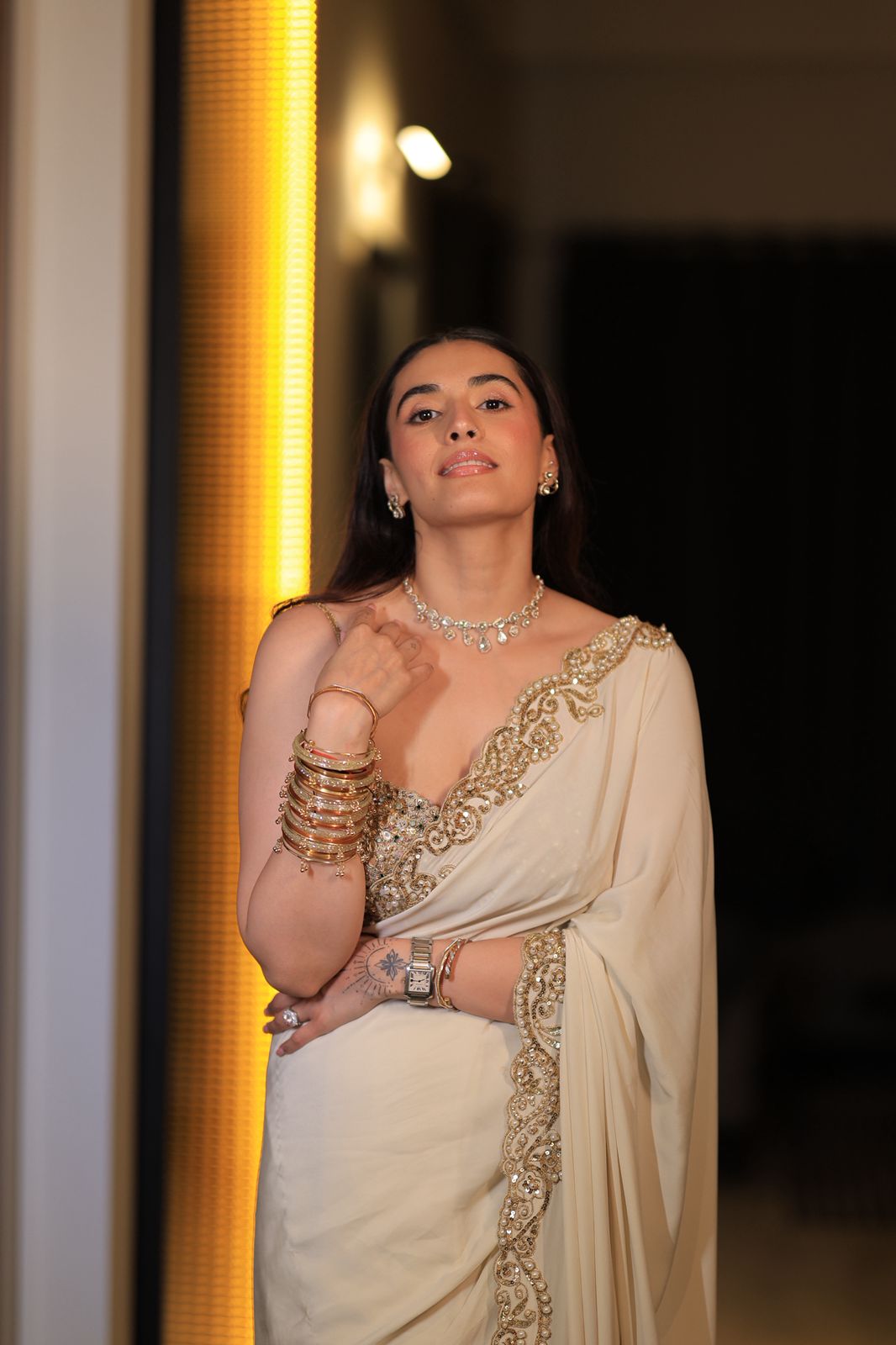 Divyanshak Kaushik In Our Ivory Gold Saree Set