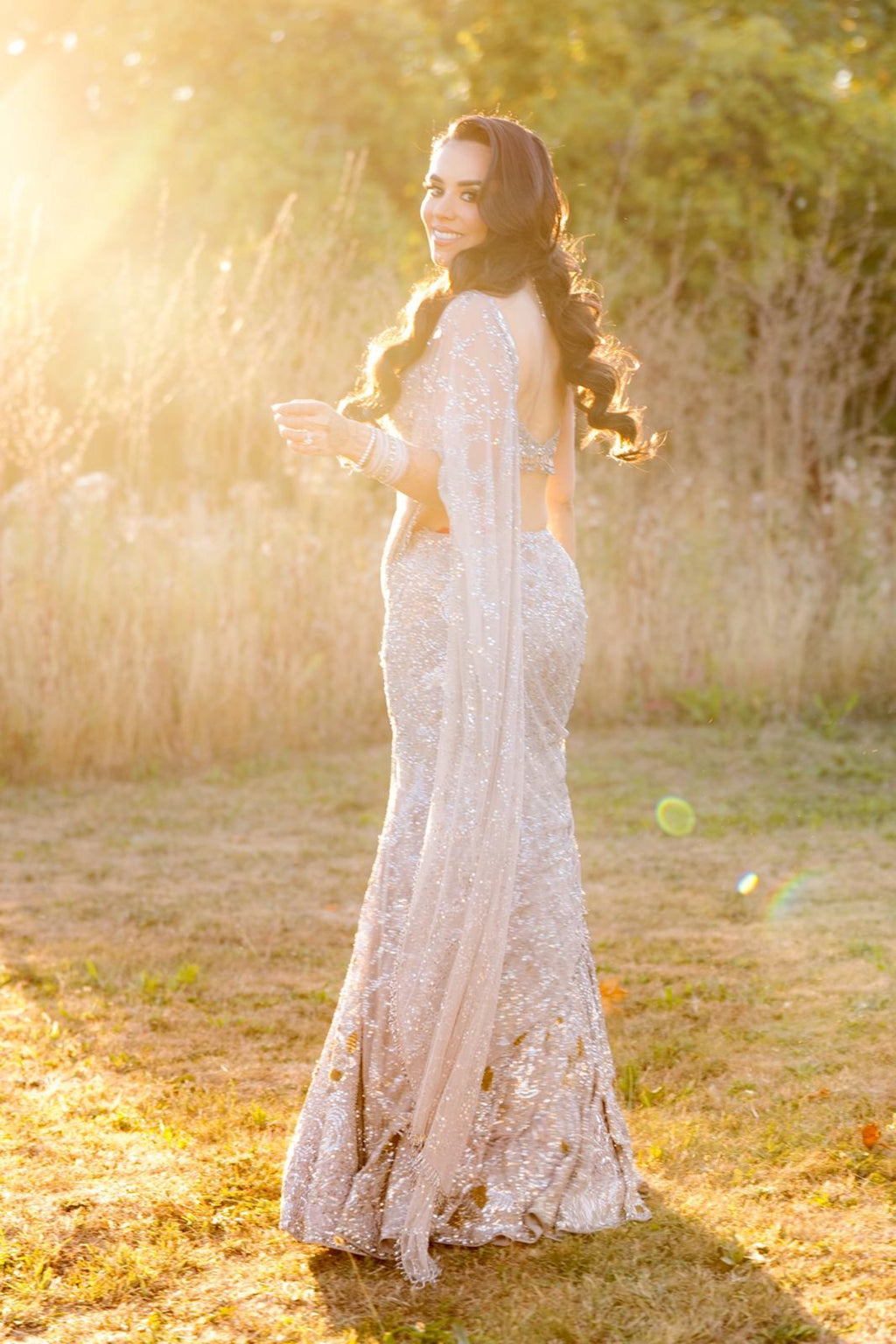 MAIHMA IN OUR NOCTEELE GREY GEORGETTE SPARKLE DRAPE LEHENGA SET
