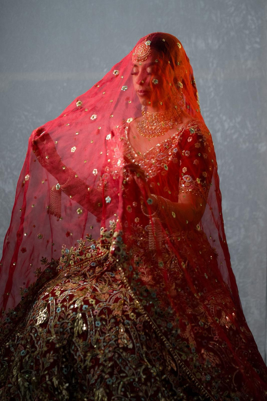 MAIHMA IN OUR AZRA RED Red HEAVILY EMBROIDERED LEHENGA