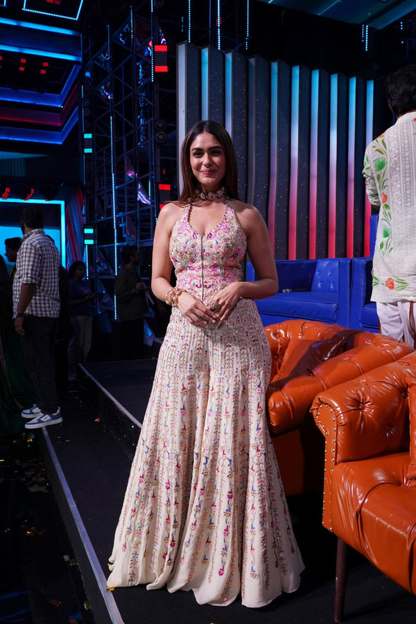 Mrunal Thakur In Our Ivory Georgette Embroidered High Waist Sharara Set