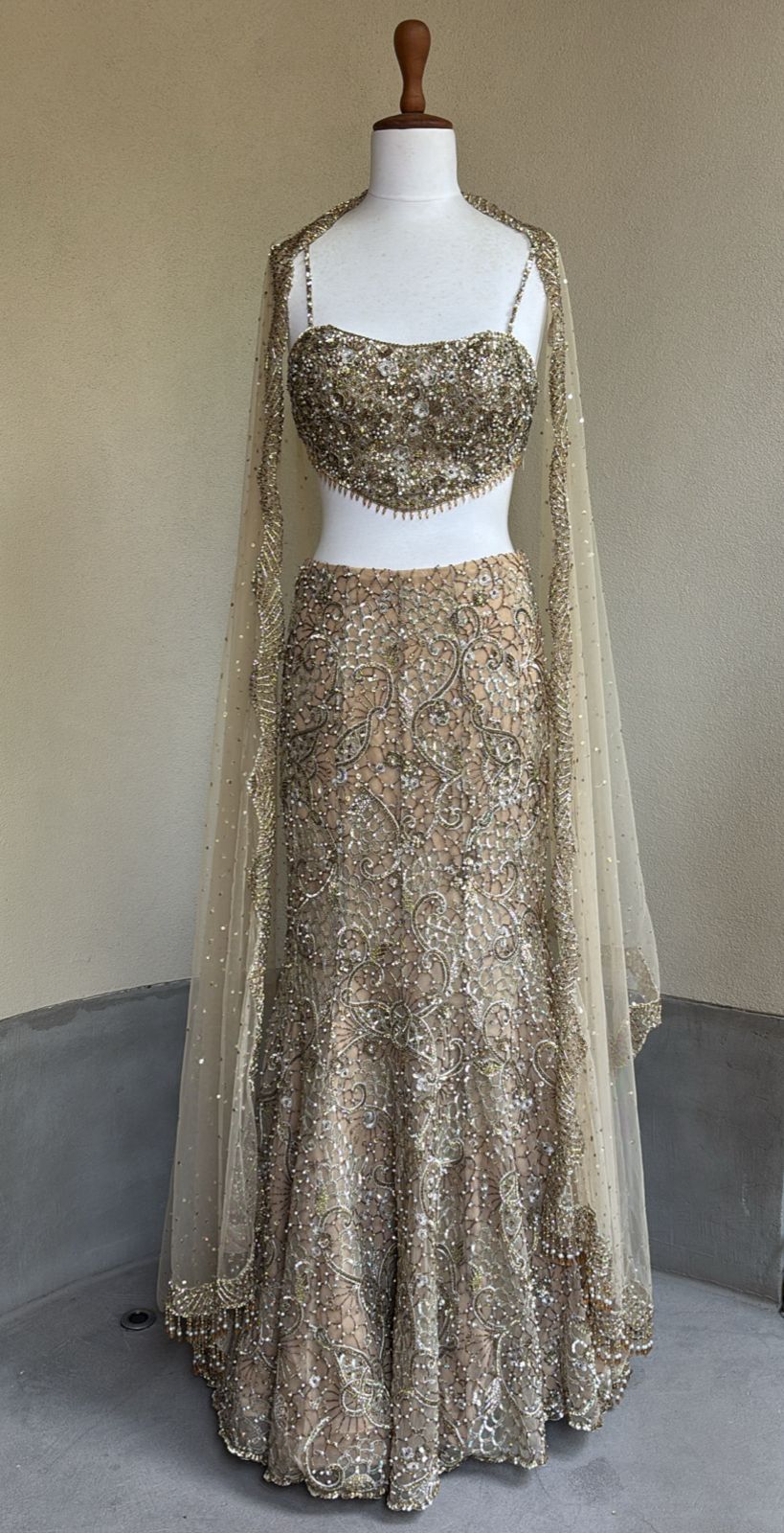 BEIGE GOLD SPARKLE TULLE FIT AND FLARE LEHENGA SET