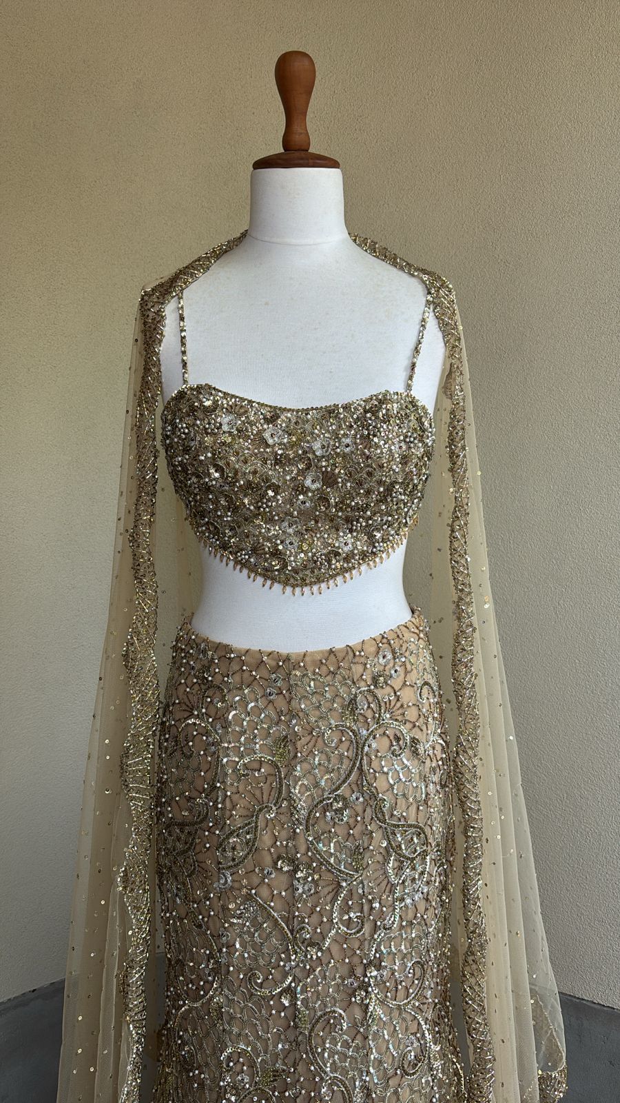BEIGE GOLD SPARKLE TULLE FIT AND FLARE LEHENGA SET