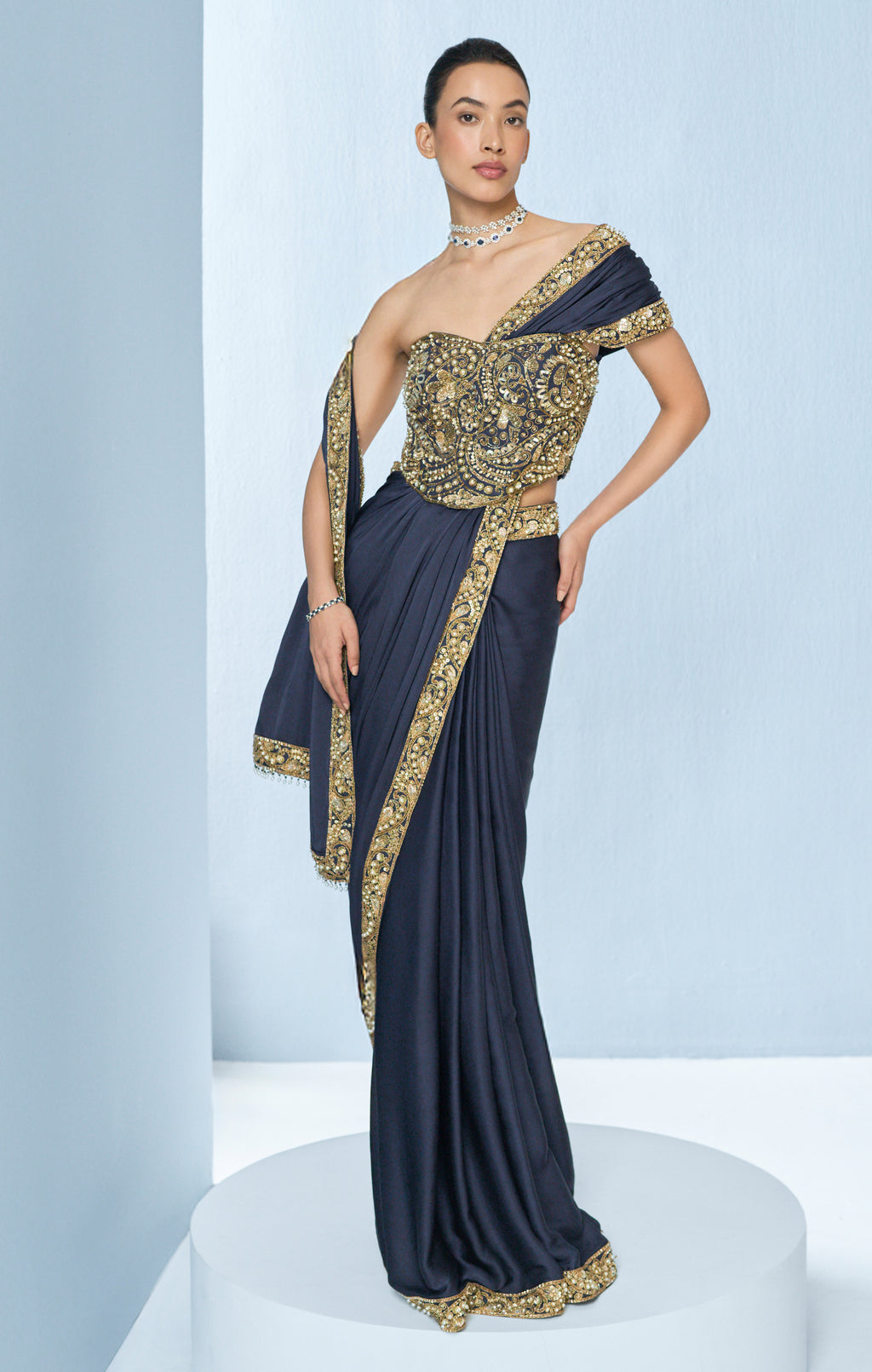 MIDNIGHT BLUE SATIN SAREE AND CORSET BLOUSE