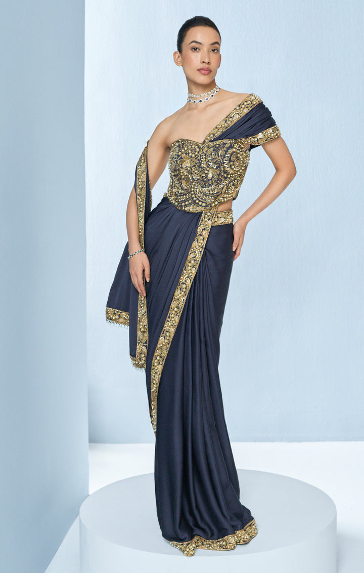 MIDNIGHT BLUE SATIN SAREE AND CORSET BLOUSE