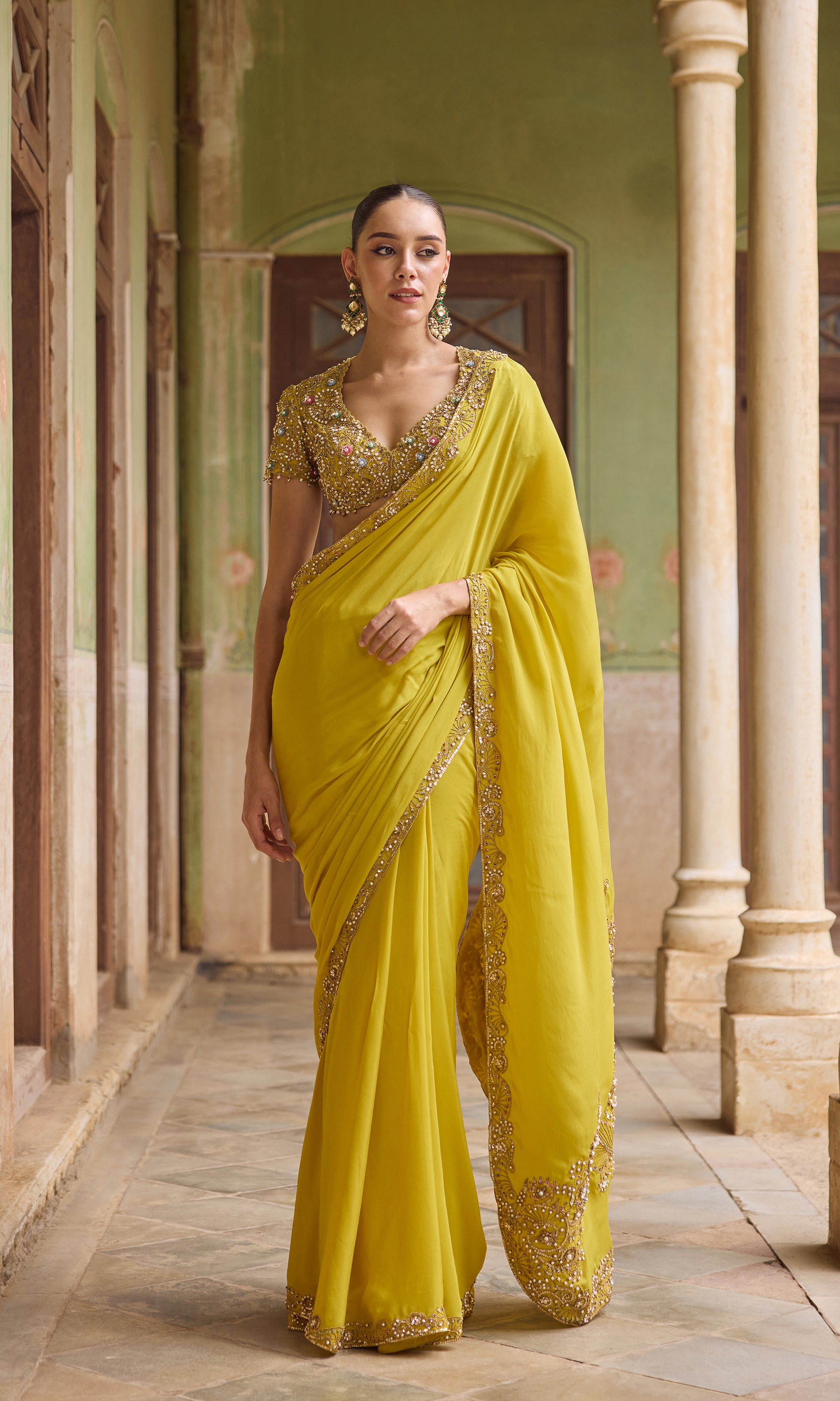 Yellow Crepe Saree Set