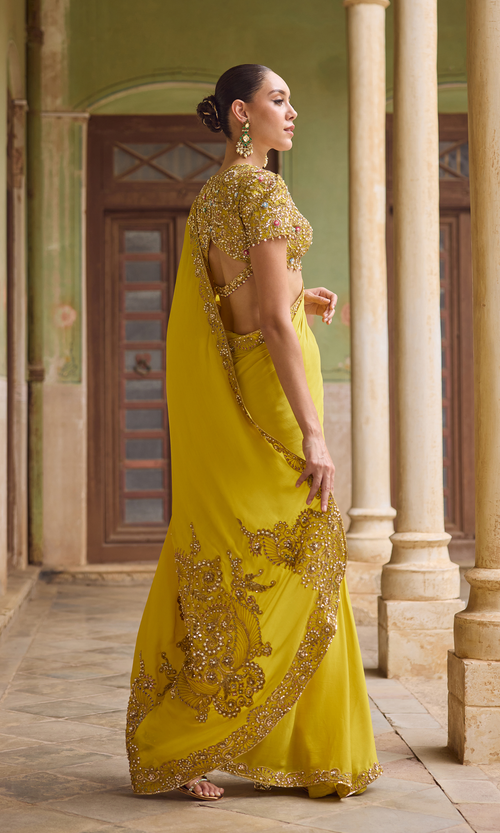 Yellow Crepe Saree Set