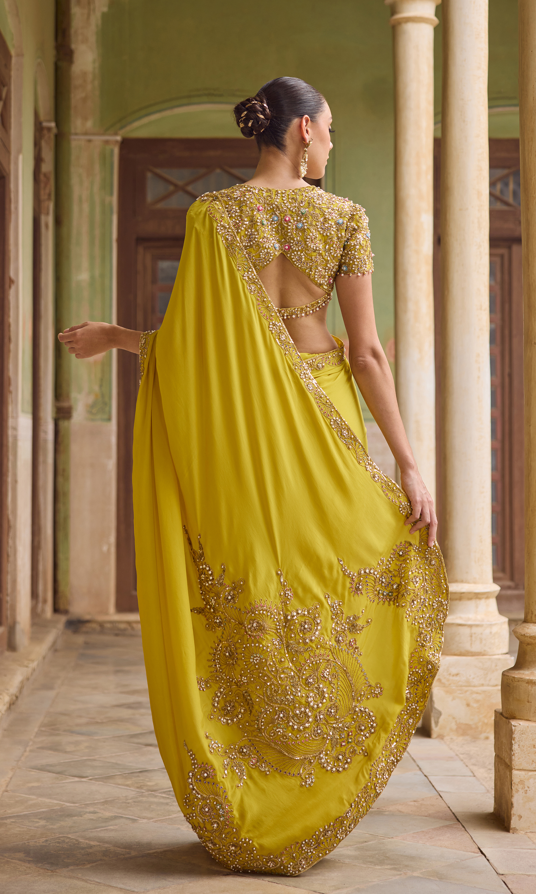 Yellow Crepe Saree Set