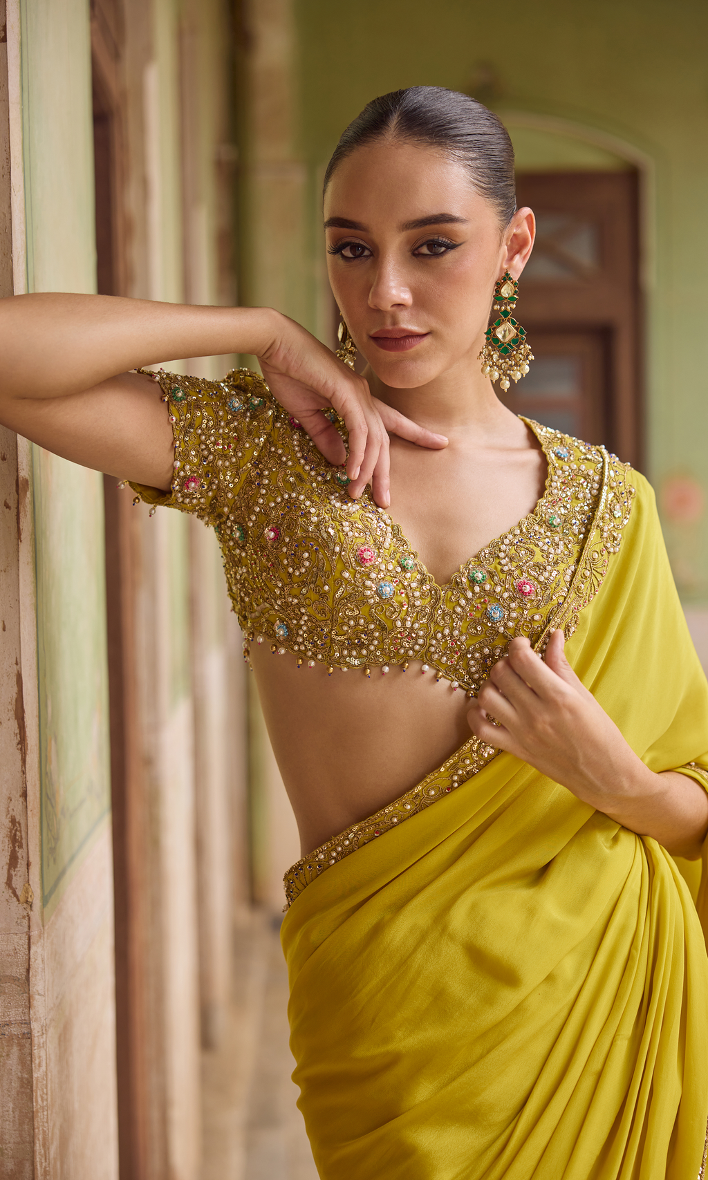 Yellow Crepe Saree Set