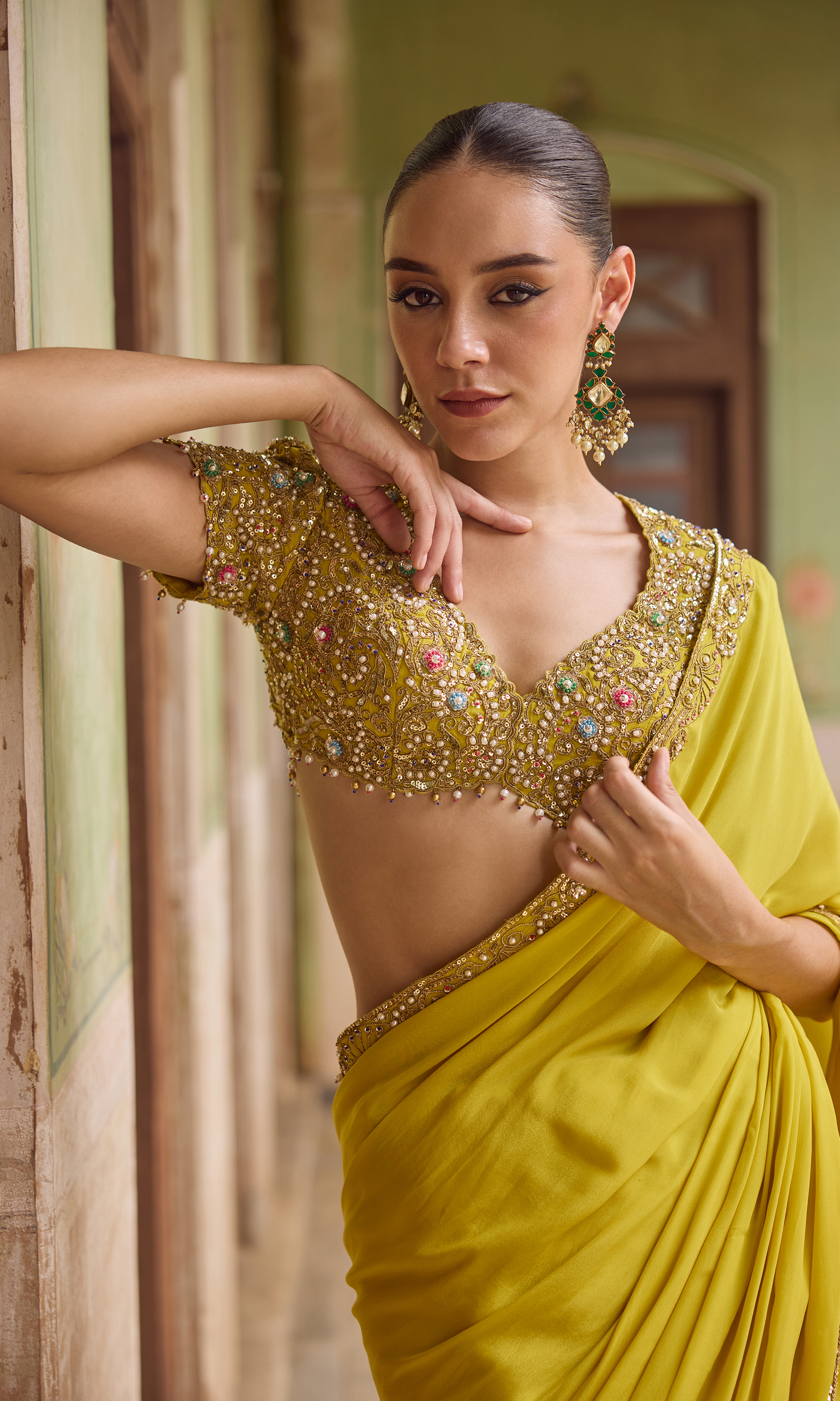 Yellow Crepe Saree Set