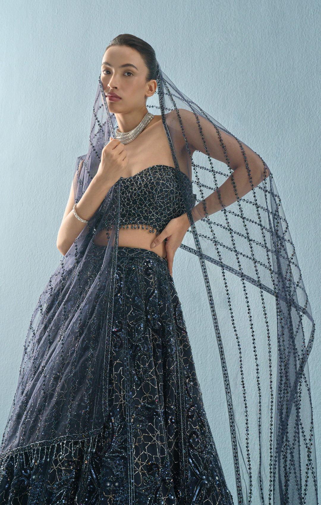 Navy Blue Tulle Lehenga Set