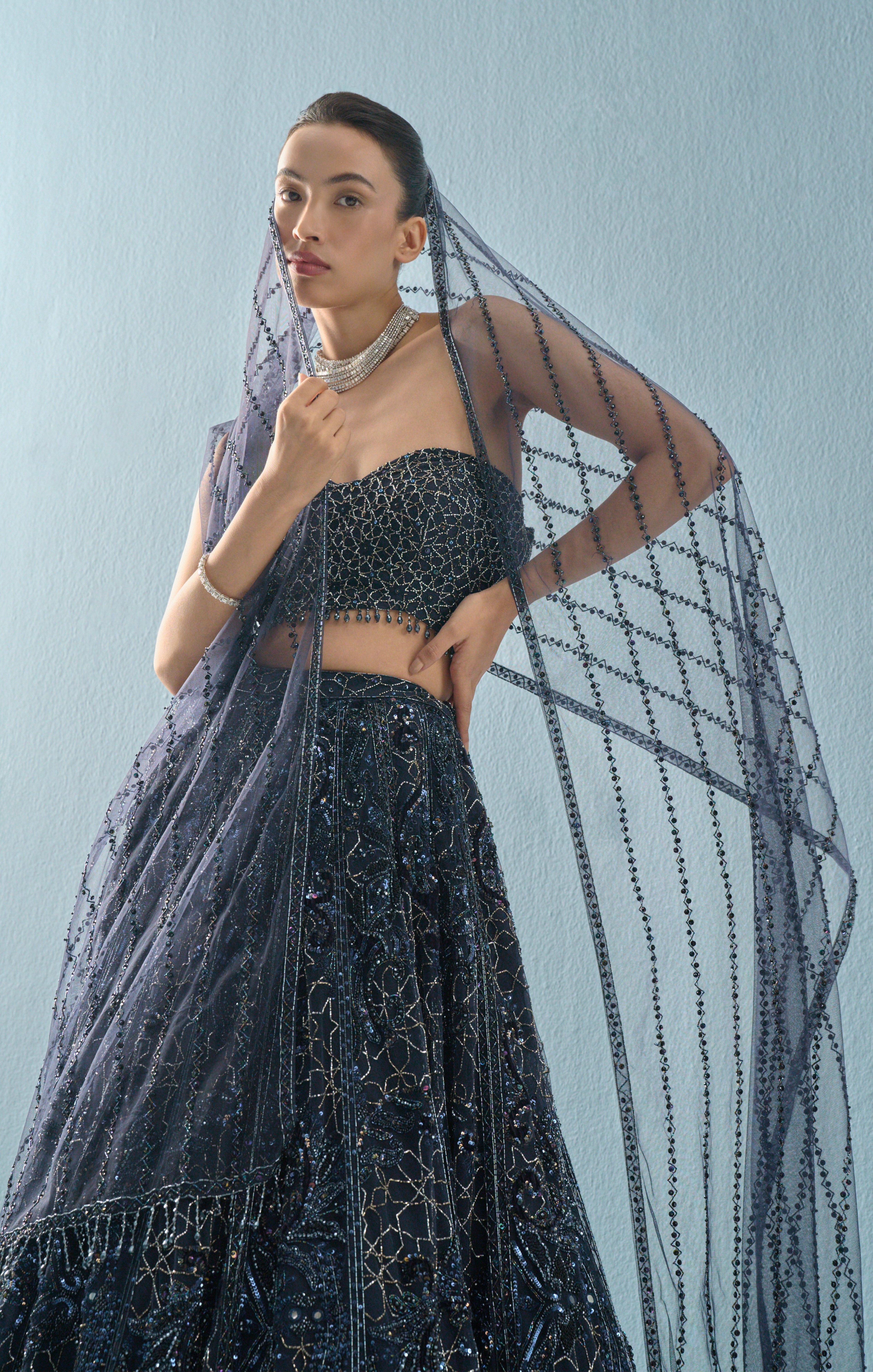 NAVY BLUE TULLE LEHENGA SET