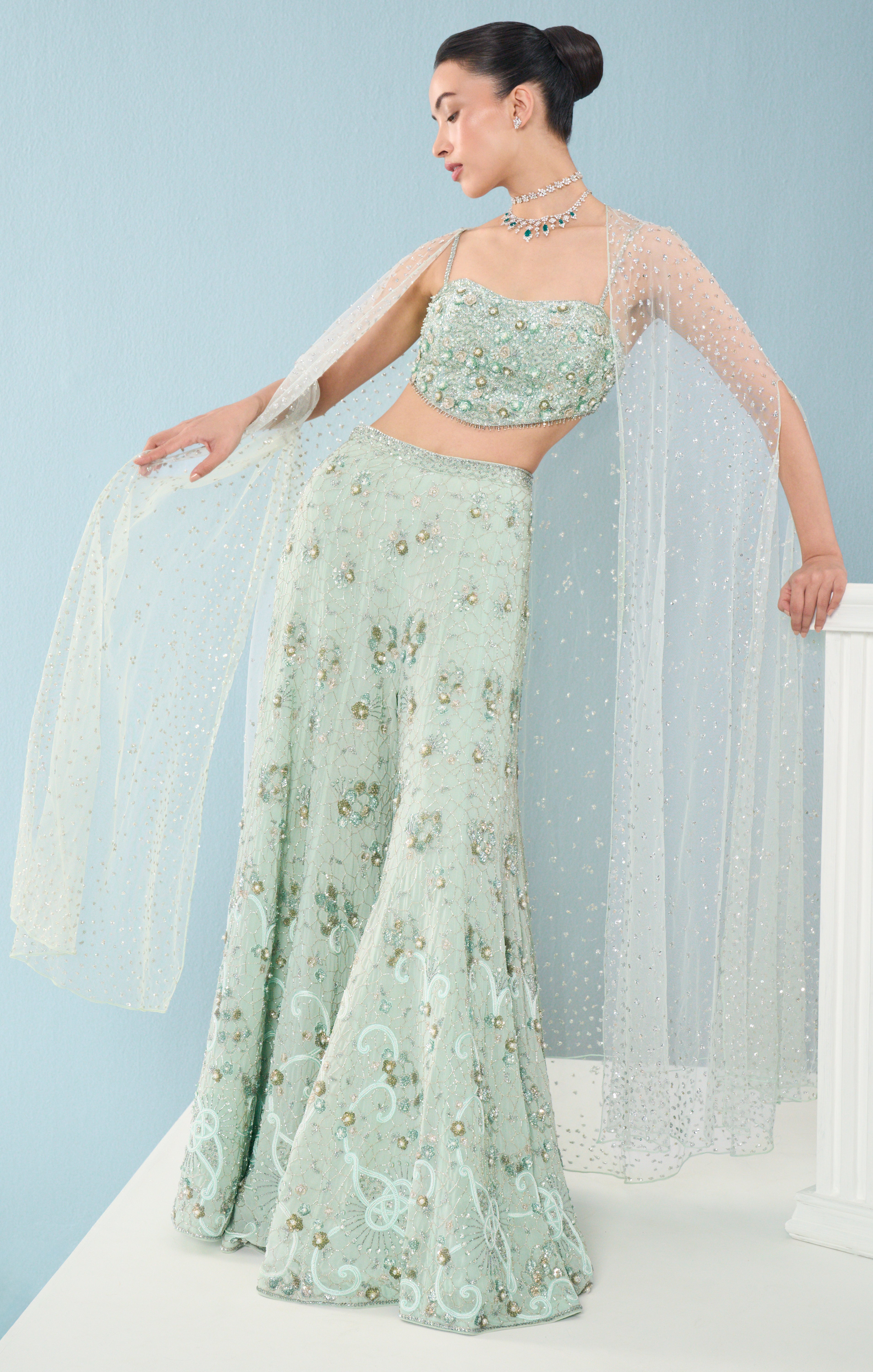 SEA GREEN GEORGETTE HIGH WAIST SHARARA AND CAPE SET
