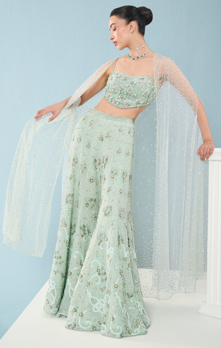 Sea Green Georgette High Waist Sharara and Cape Set