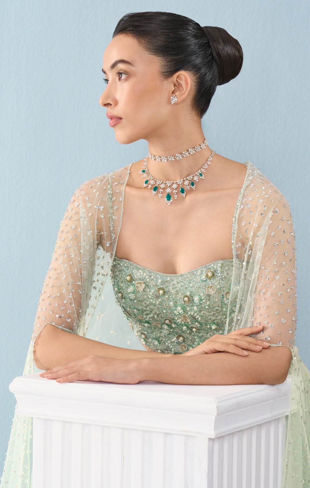 Sea Green Georgette High Waist Sharara and Cape Set