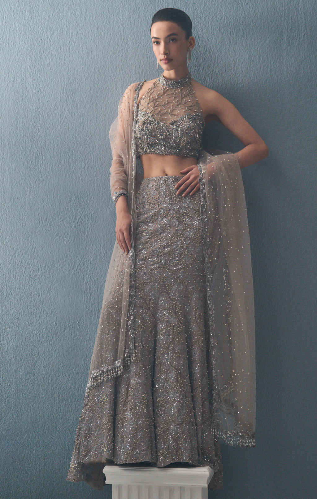 GREY TULLE FIT AND FLARE LEHENGA SET