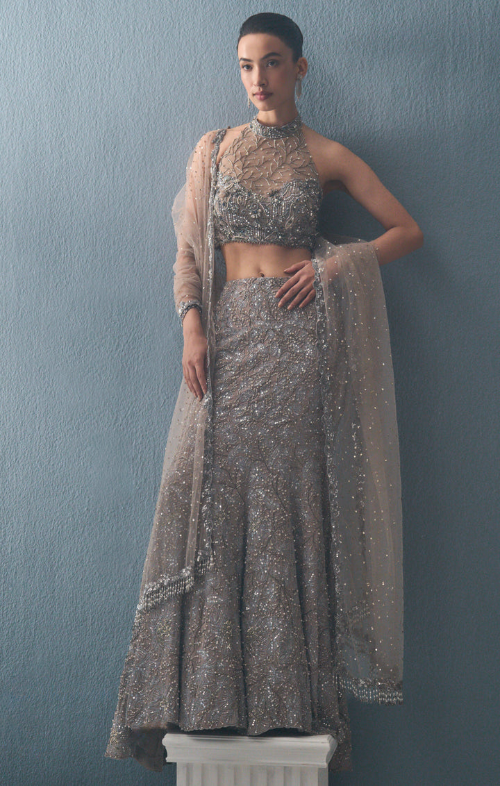 Grey Tulle Fit And Flare Lehenga Set
