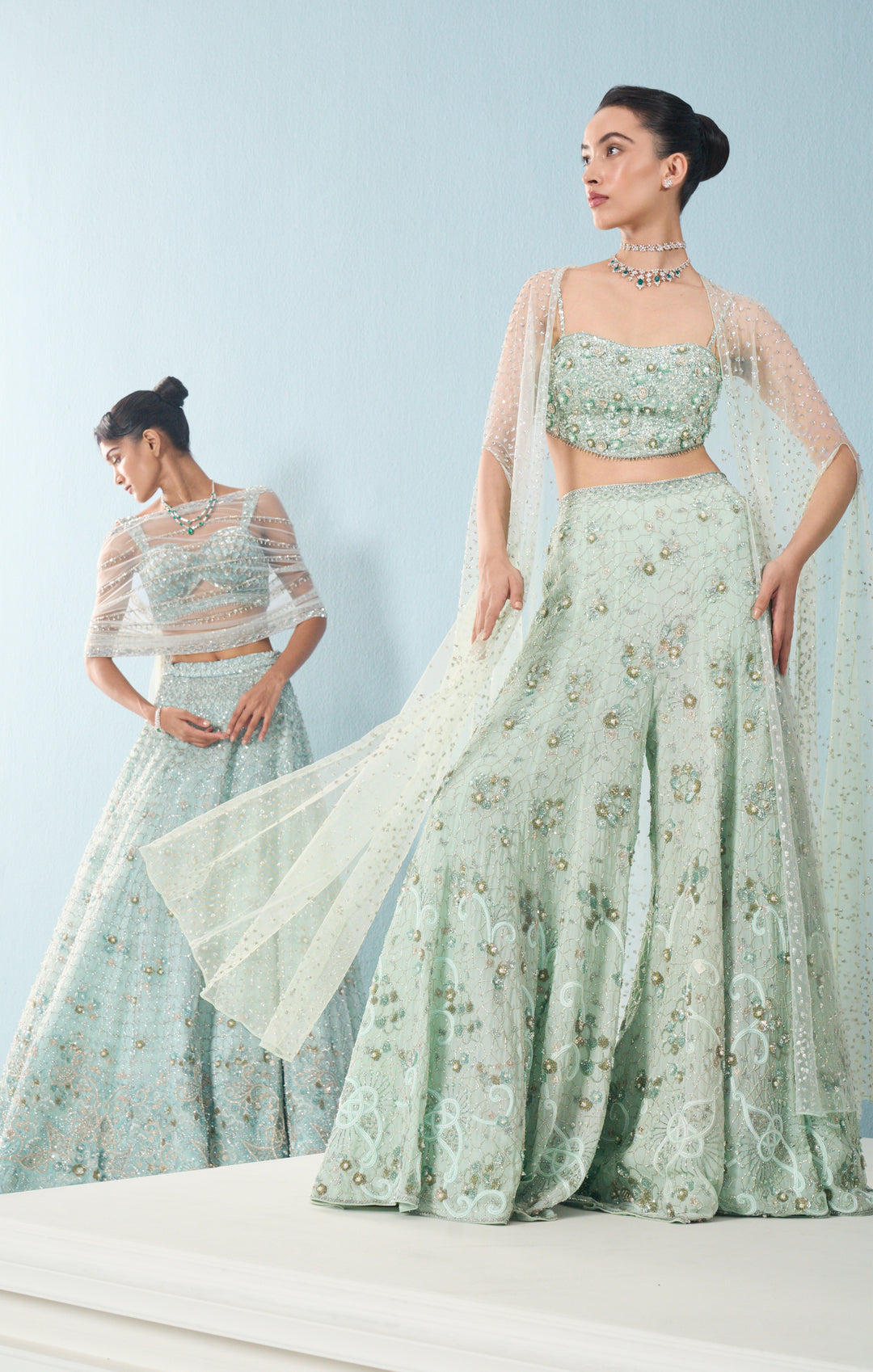 Sea Green Georgette High Waist Sharara and Cape Set