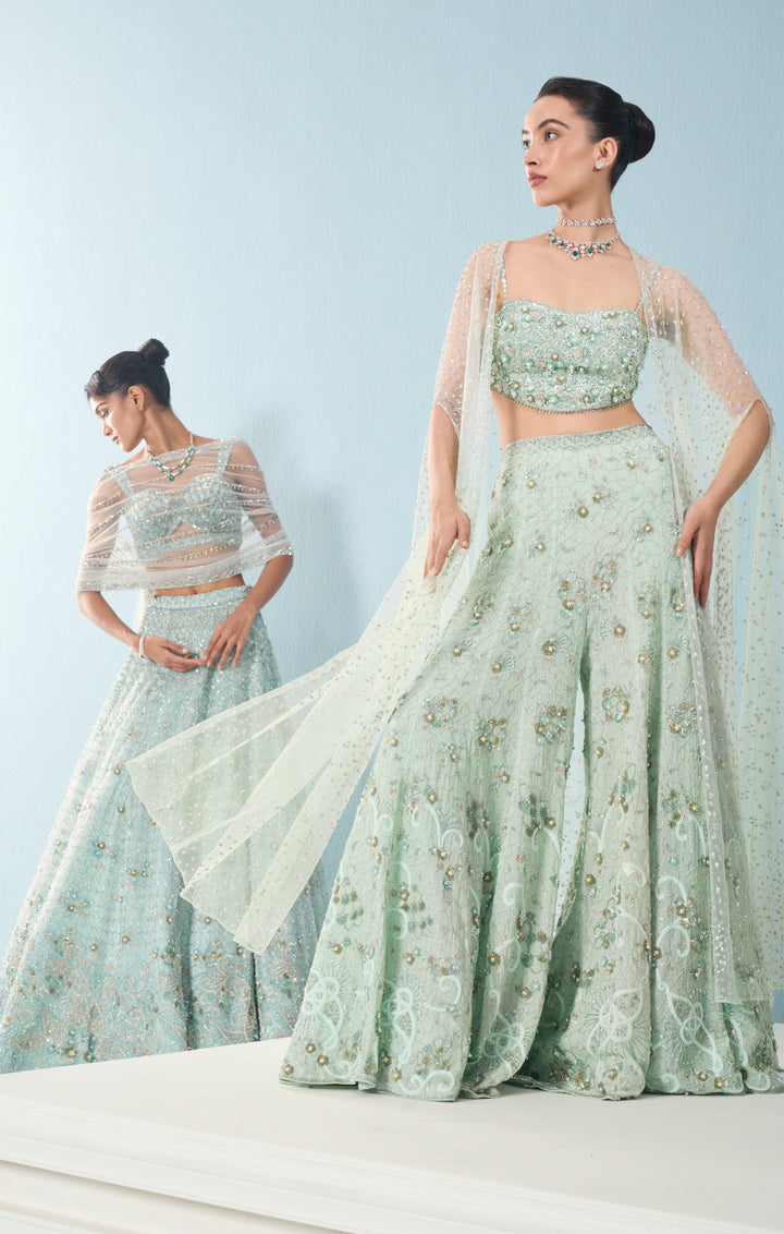 Sea Green Georgette High Waist Sharara and Cape Set