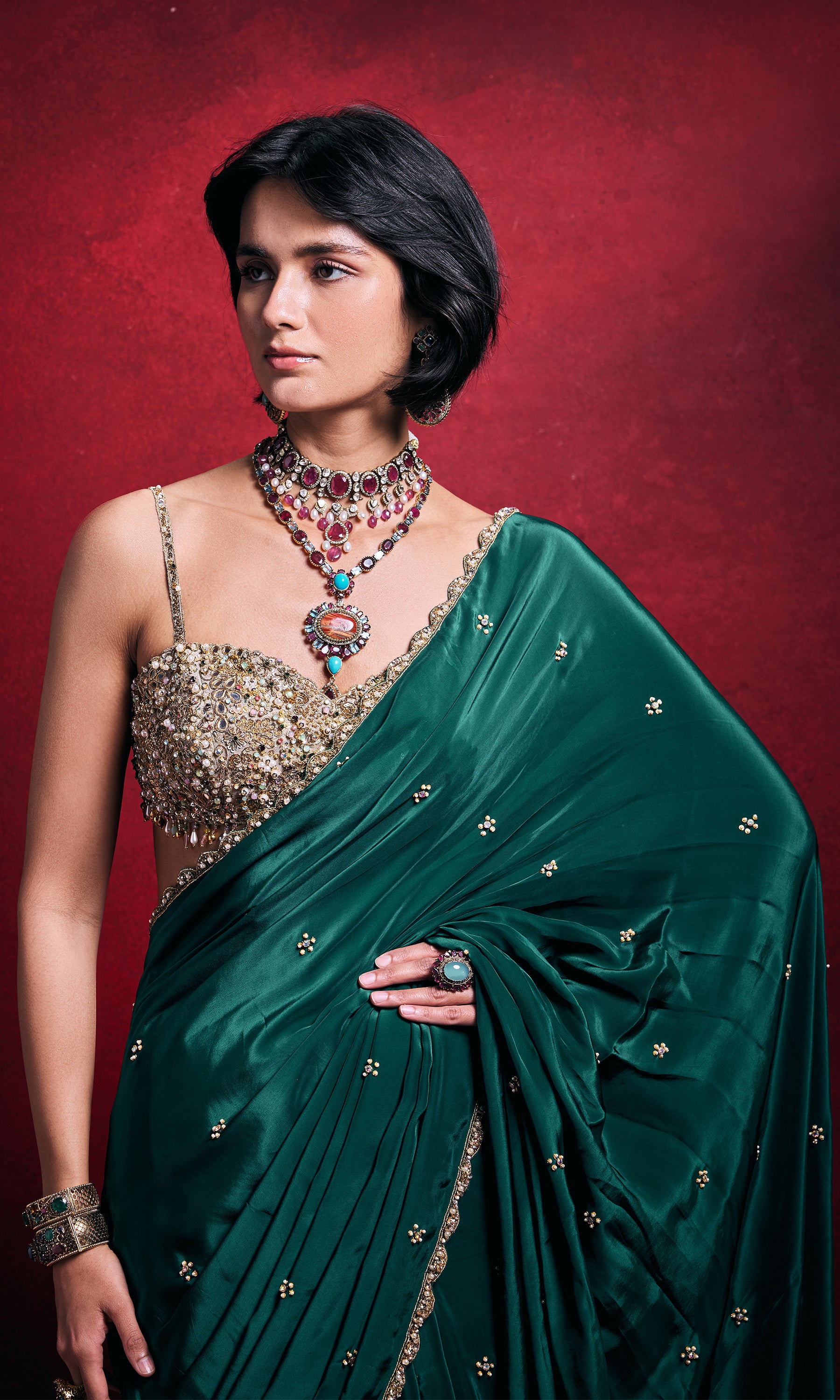 Emerald Green Crepe Saree Set