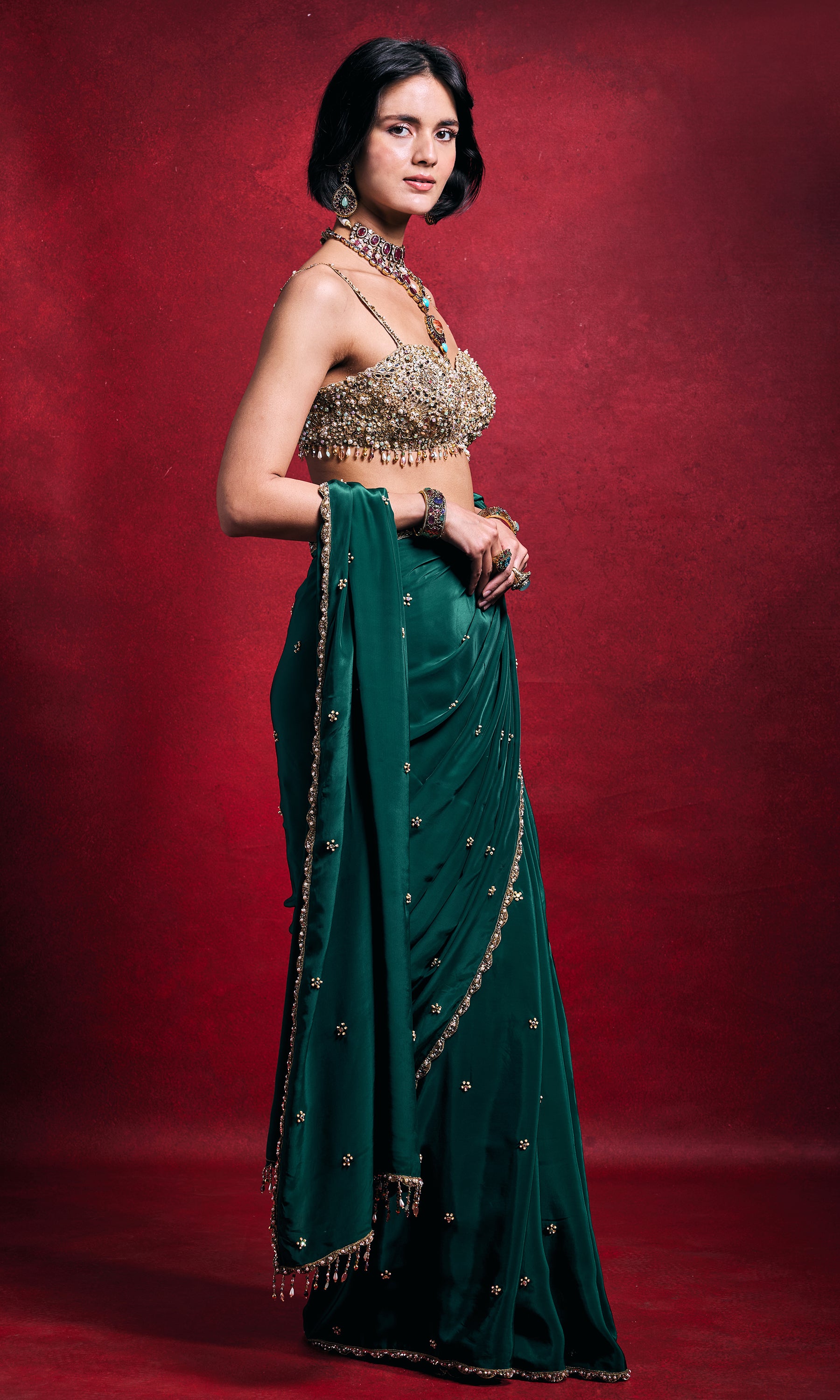 Emerald Green Crepe Saree Set