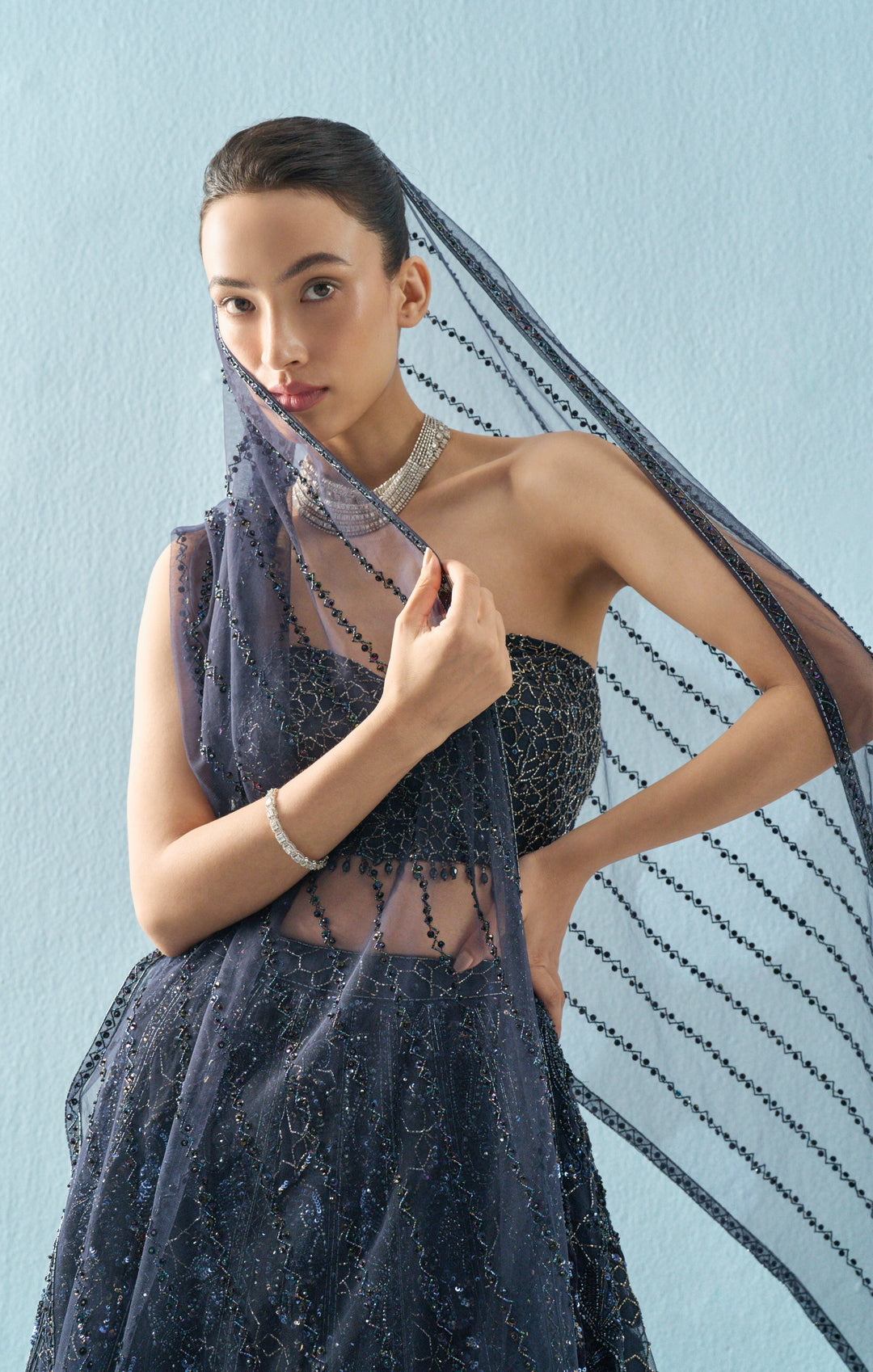 Navy Blue Tulle Lehenga Set