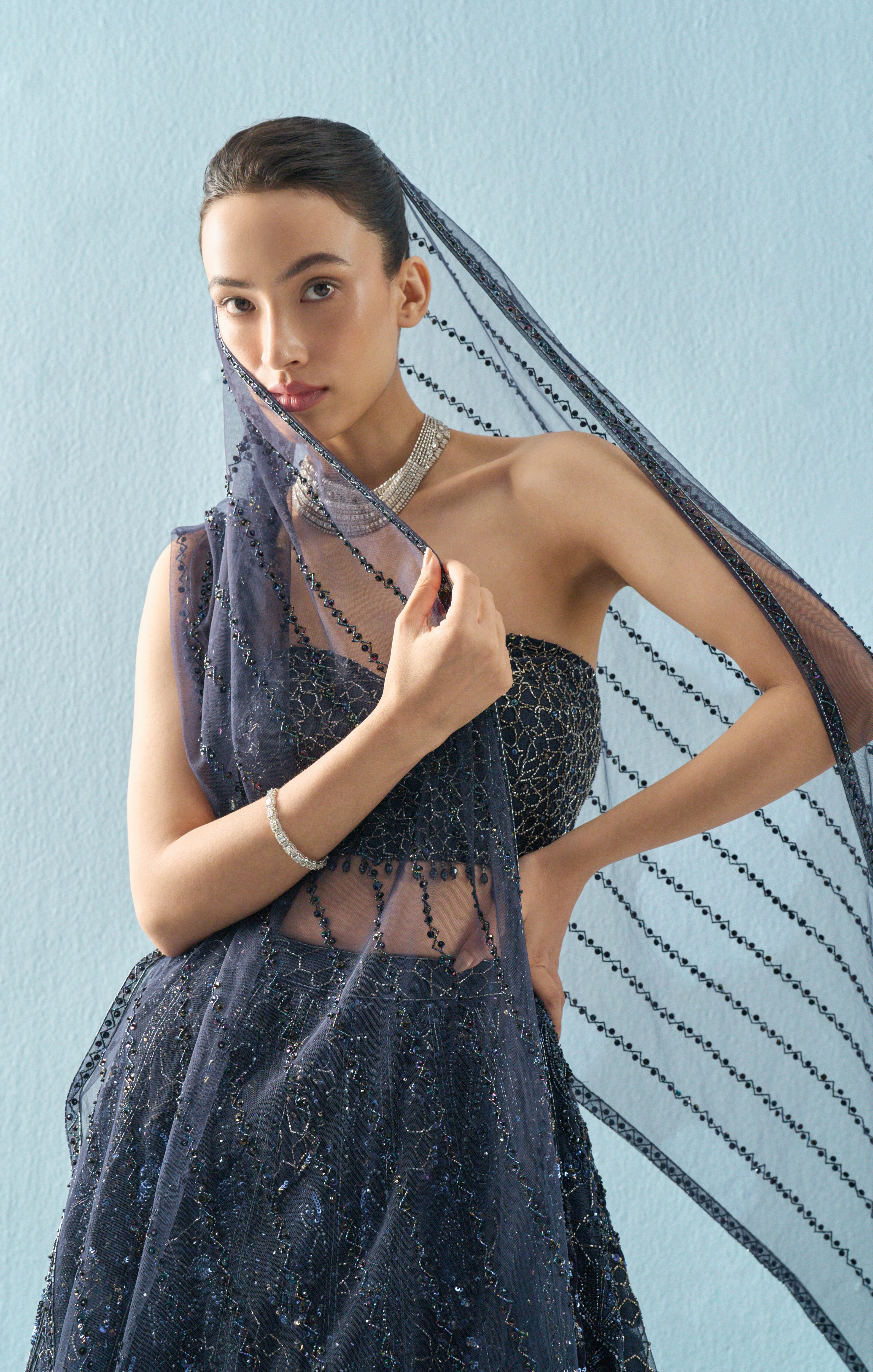 NAVY BLUE TULLE LEHENGA SET