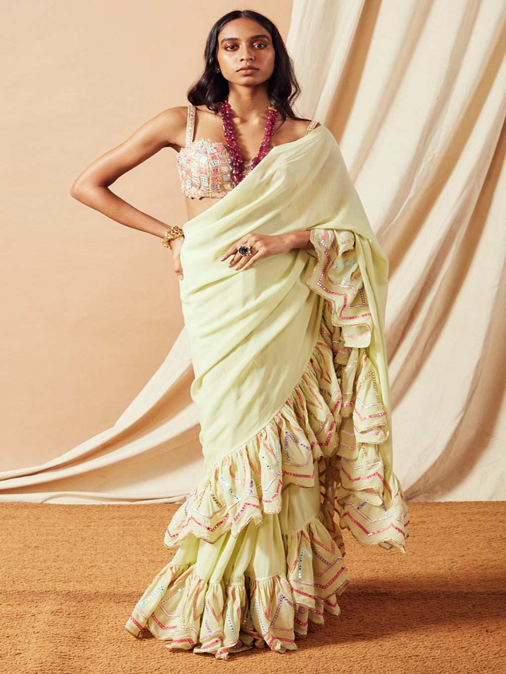 Ivory Cutwork Ruffle Saree Set