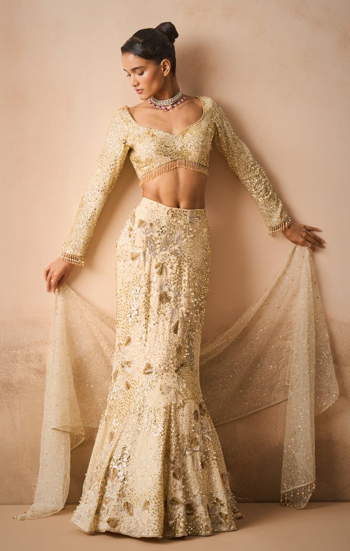 Ivory Georgette Fir And Flare Lehenga Set