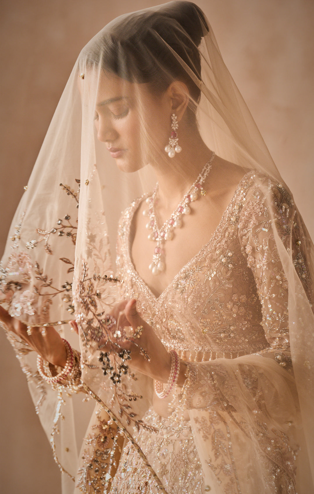 BEIGE NUDE TULLE LEHENGA SET