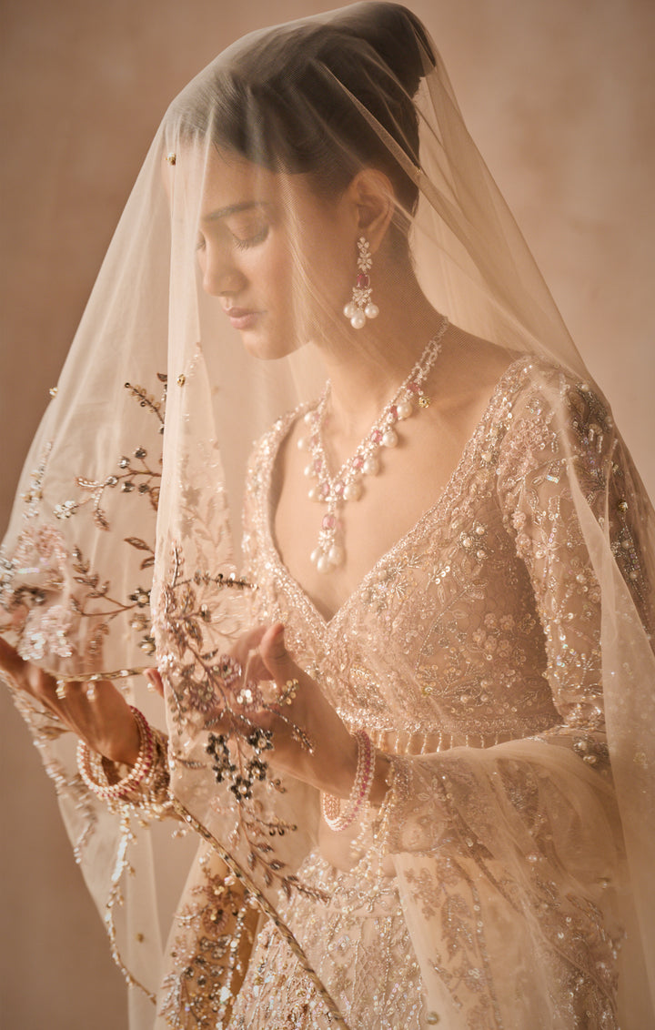 BEIGE NUDE TULLE LEHENGA SET