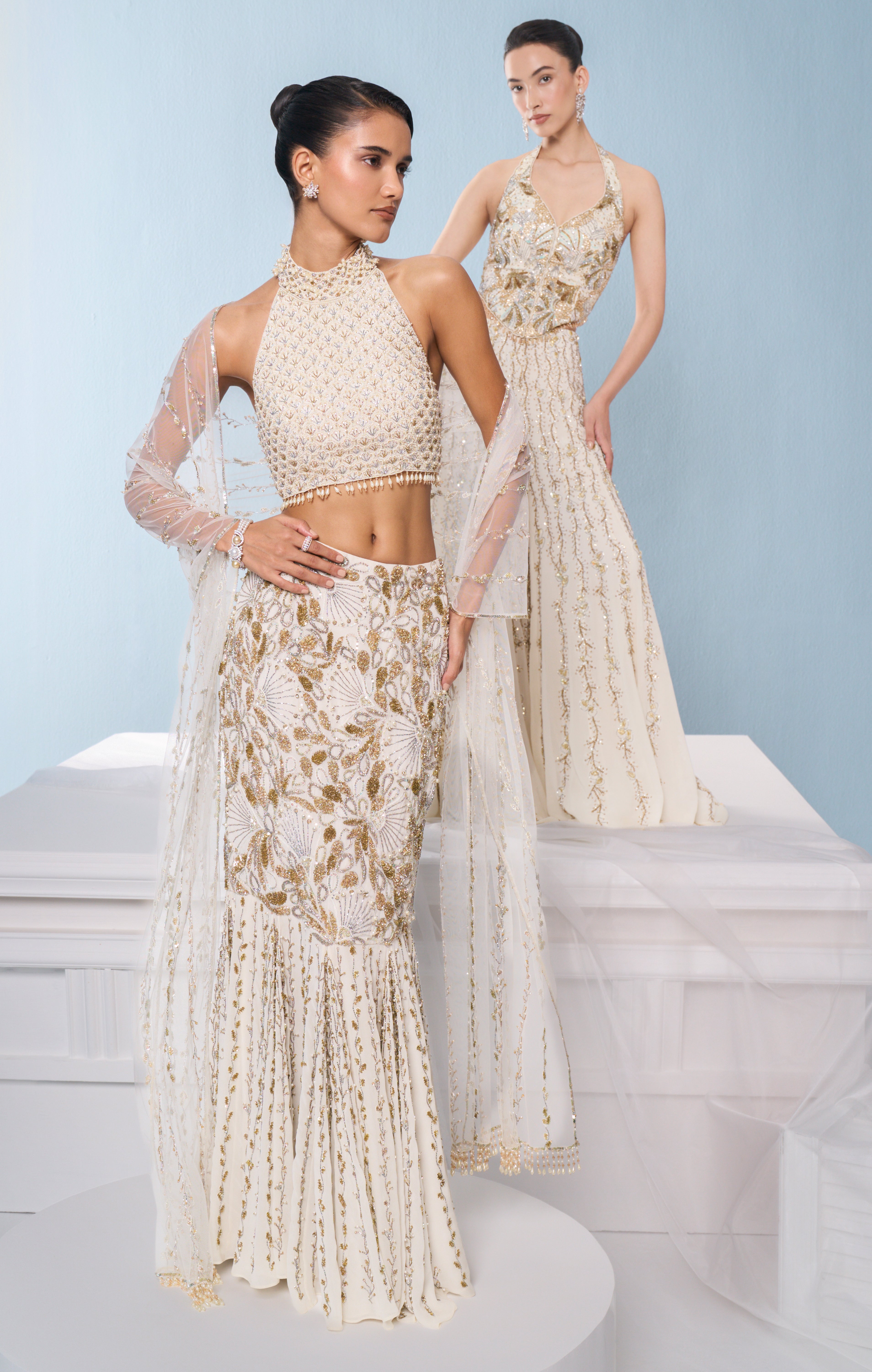 IVORY GEORGETTE  FIT AND FLARE LEHENGA SET