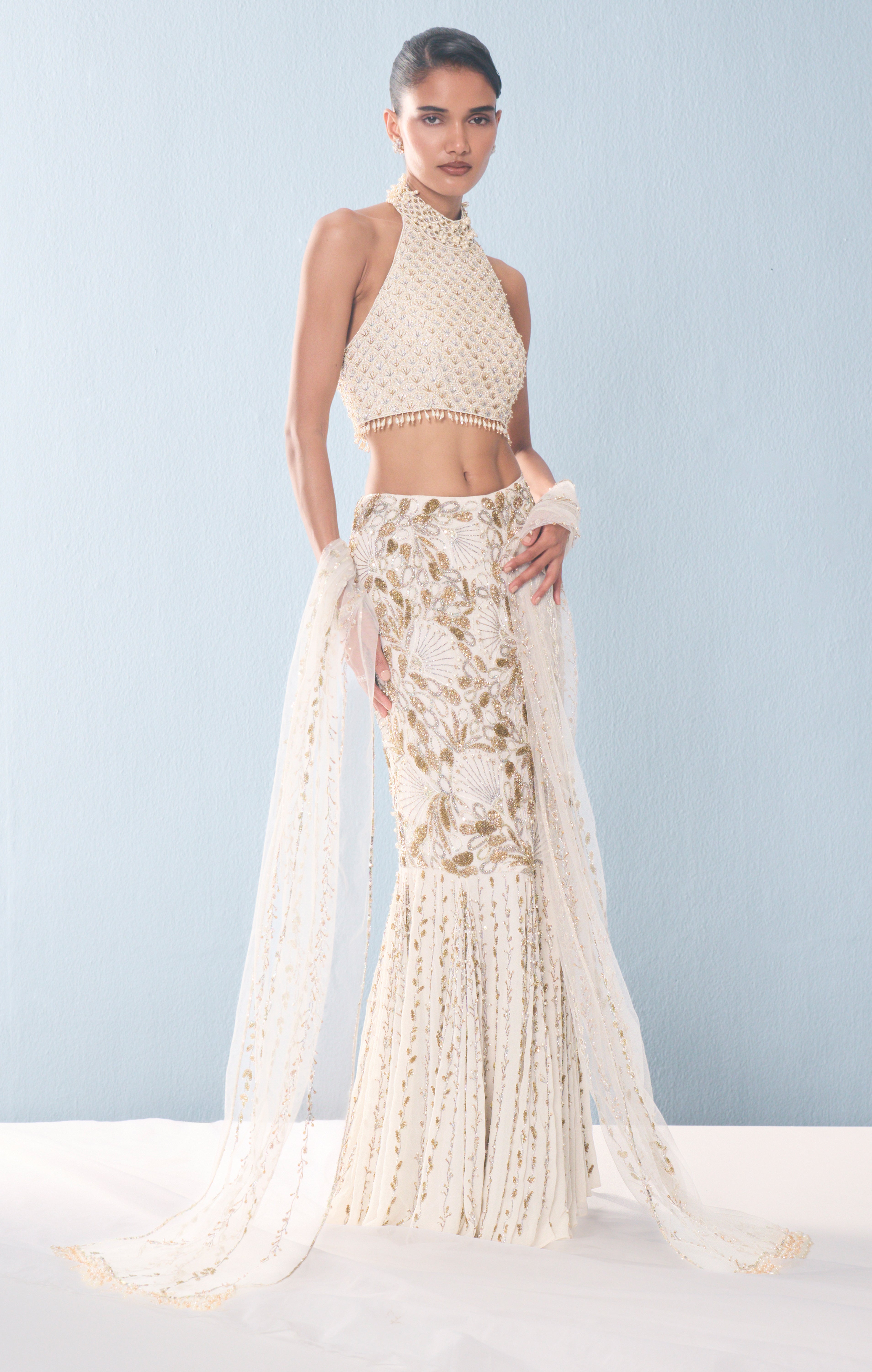 IVORY GEORGETTE  FIT AND FLARE LEHENGA SET