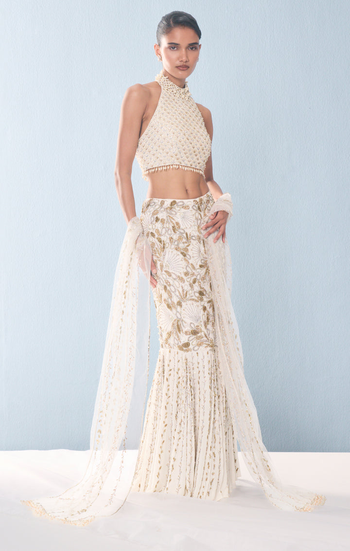Ivory Georgette Fit and Flare Lehenga Set