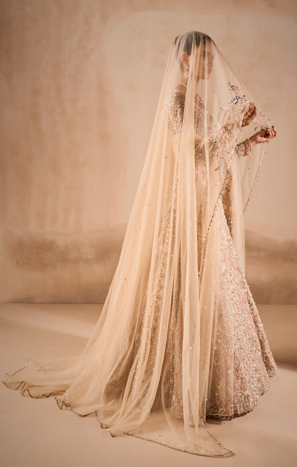 Beige Nude Tulle Lehenga Set