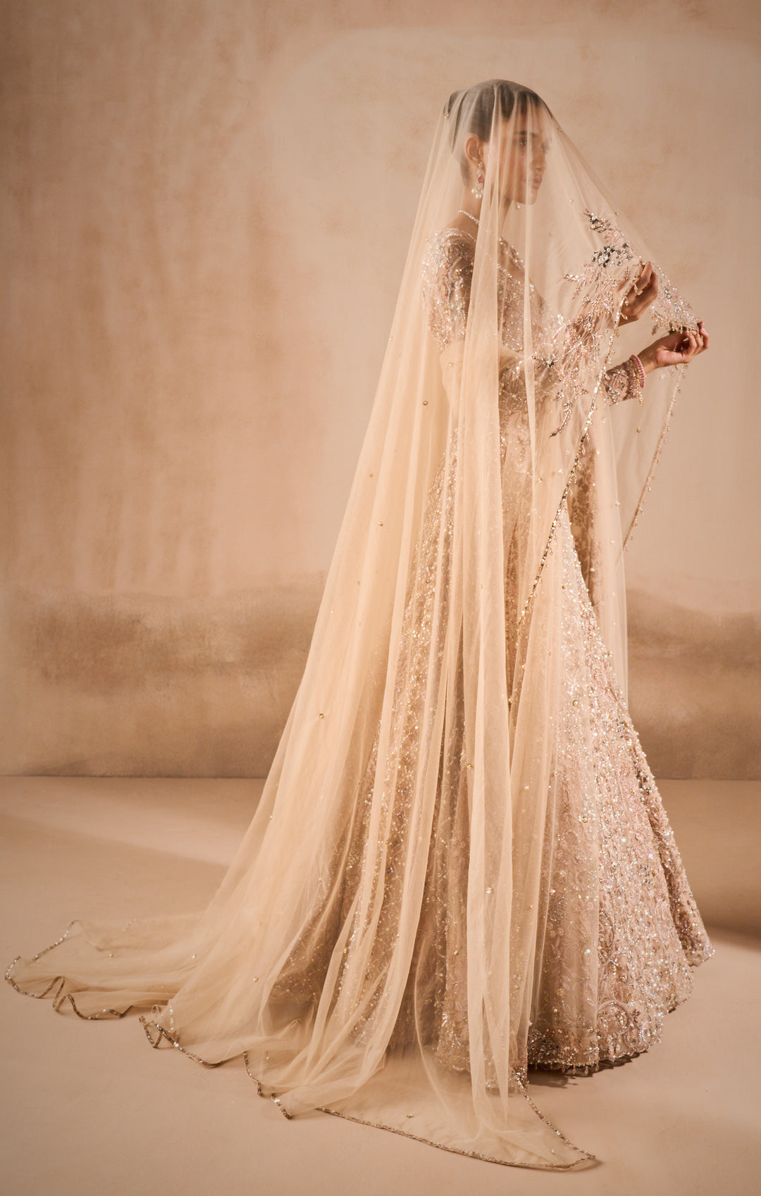 BEIGE NUDE TULLE LEHENGA SET