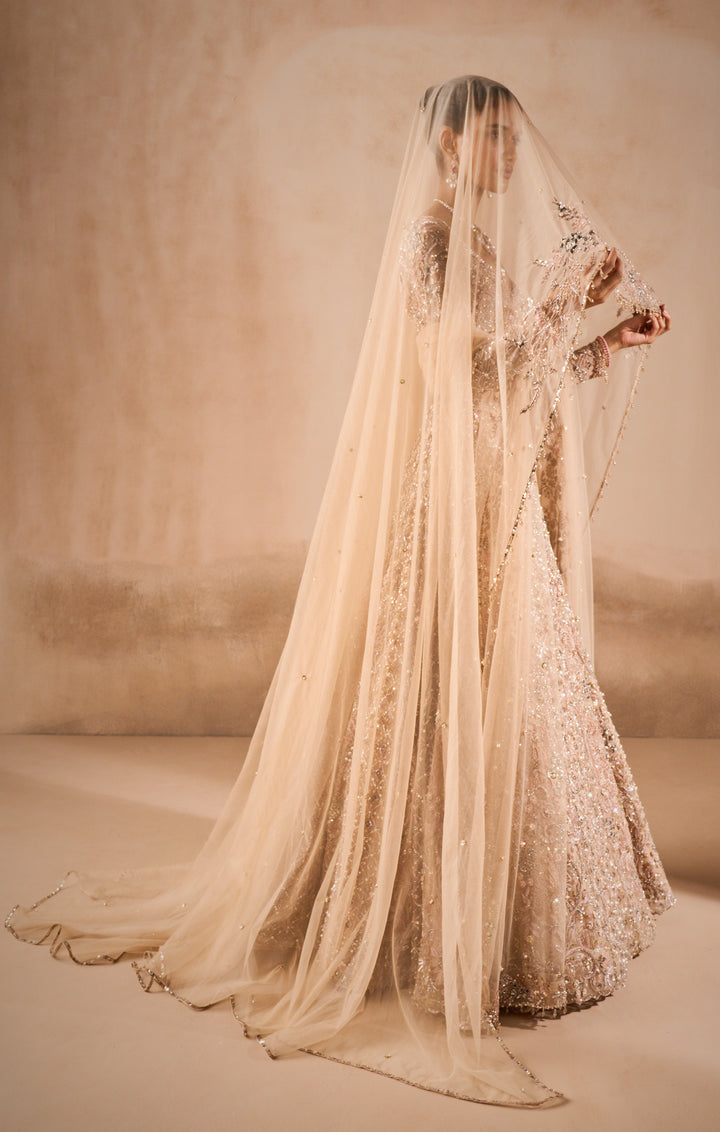 BEIGE NUDE TULLE LEHENGA SET