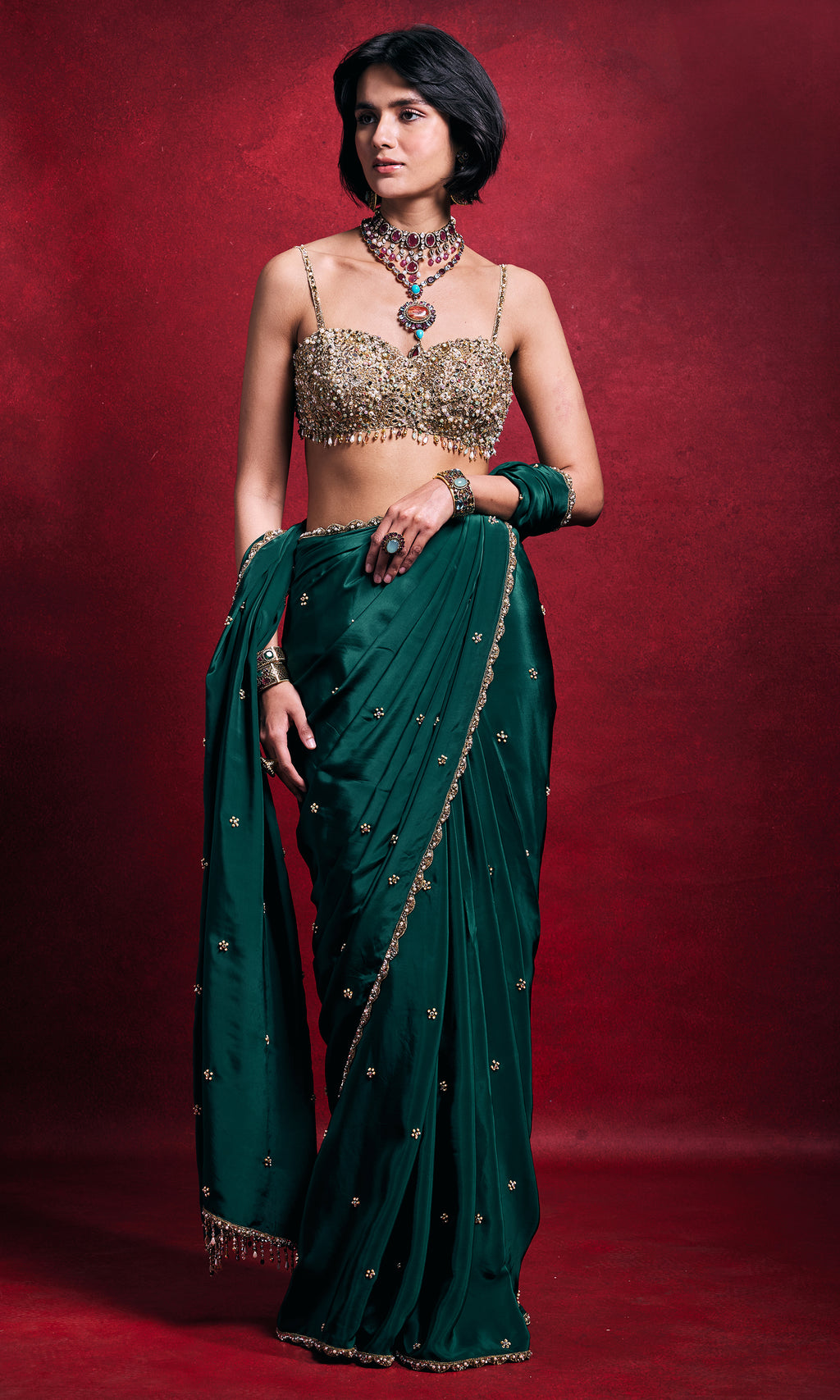 Emerald Green Crepe Saree Set