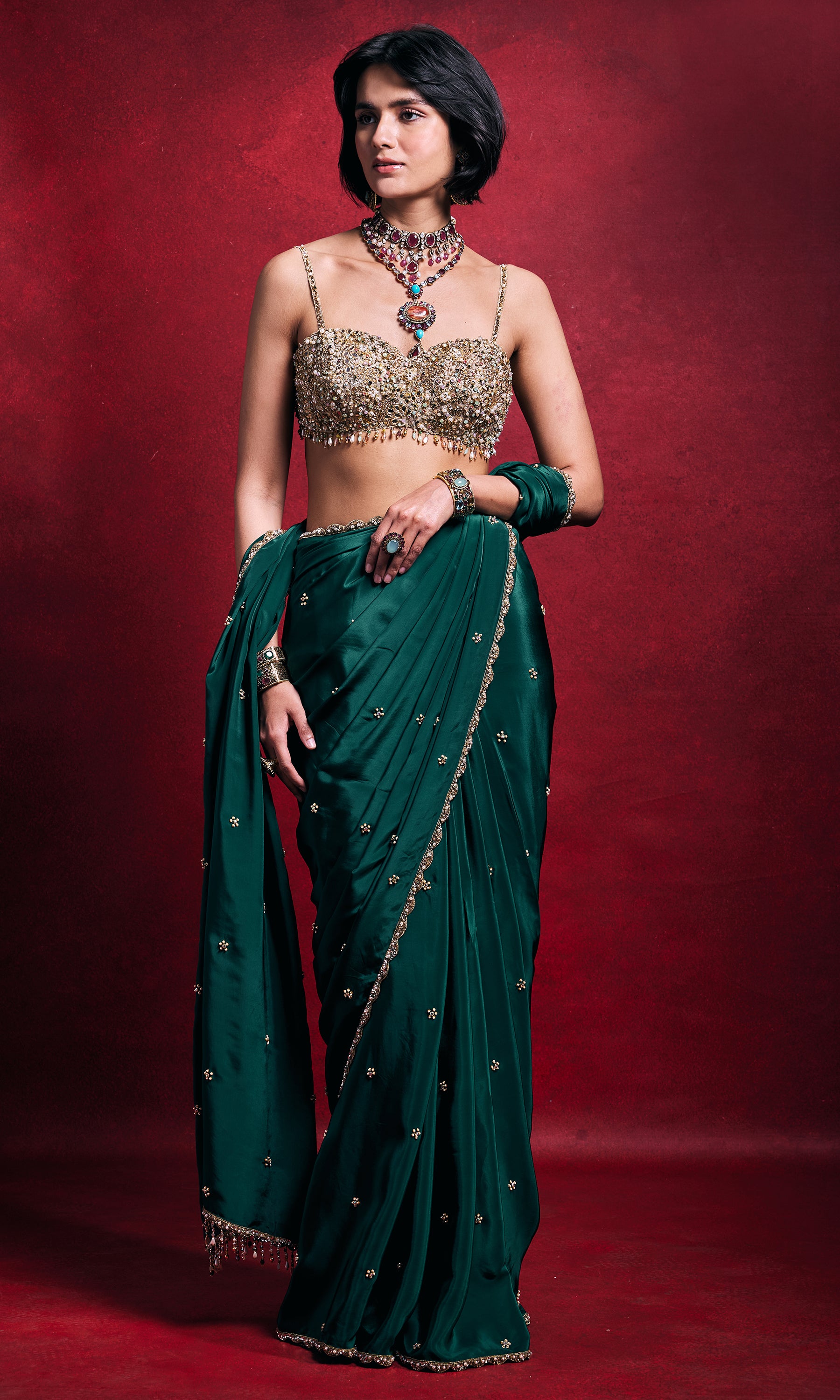 Emerald Green Crepe Saree Set