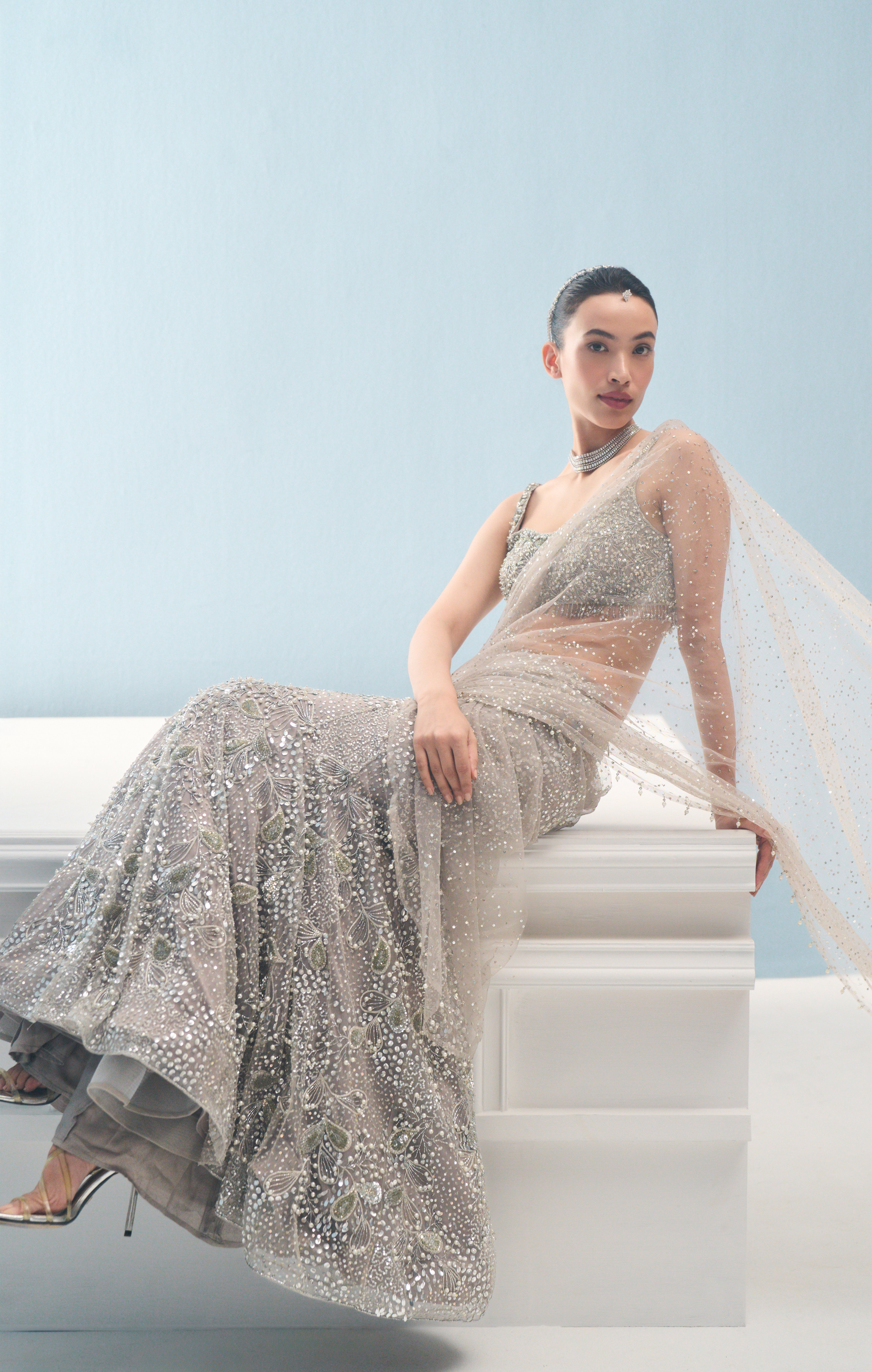 SILVER GREY TULLE  DRAPE LEHENGA SET