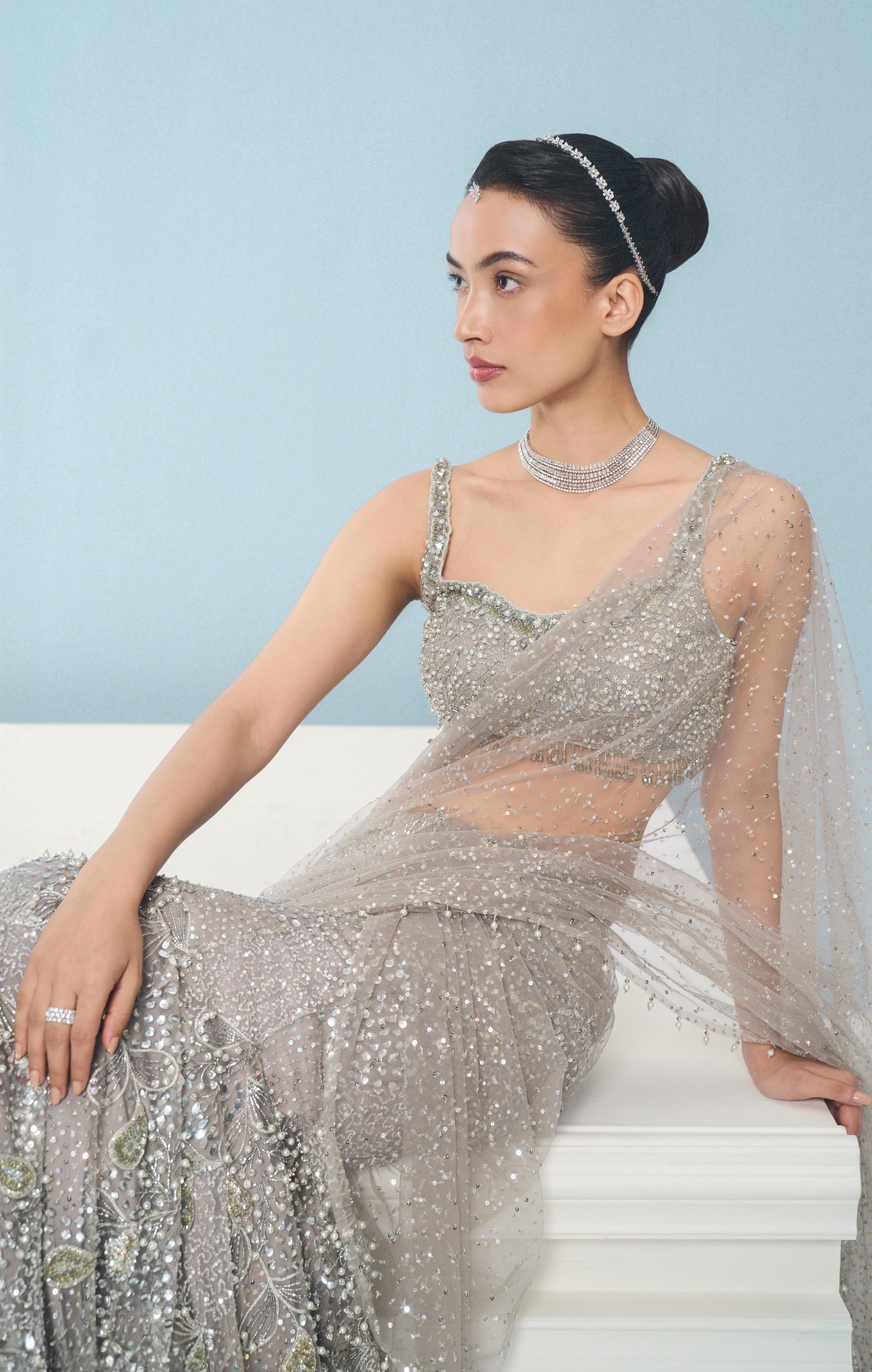 SILVER GREY TULLE  DRAPE LEHENGA SET