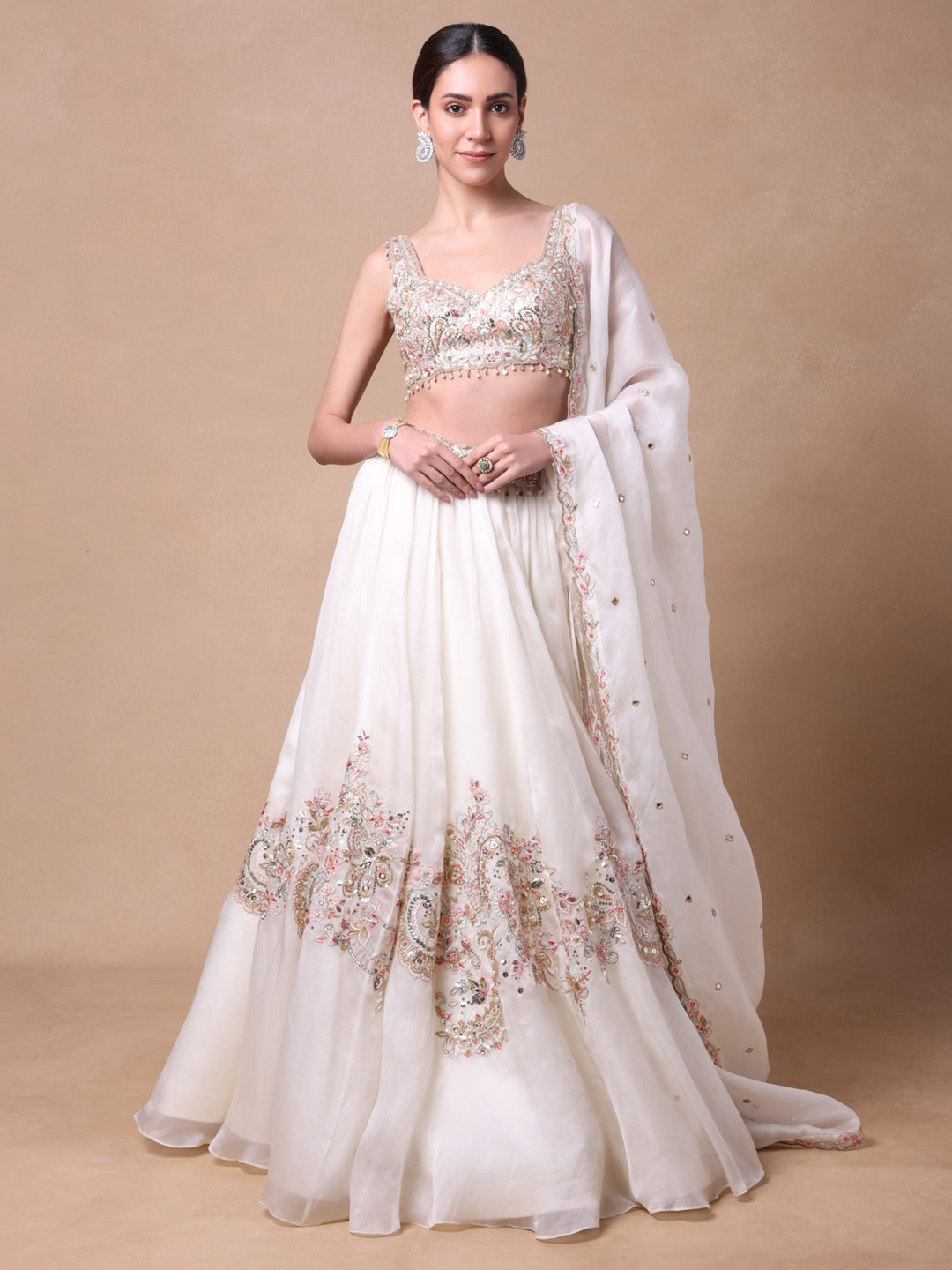 Ivory Organza Lehenga Set With Placement Embroidery