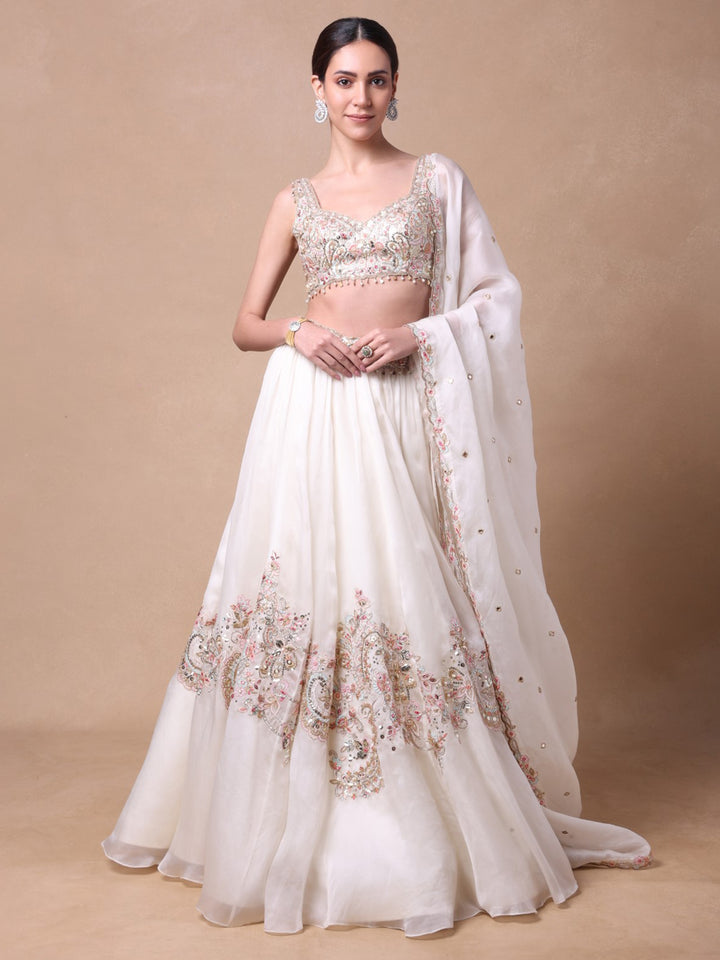 Ivory Organza Lehenga Set With Placement Embroidery