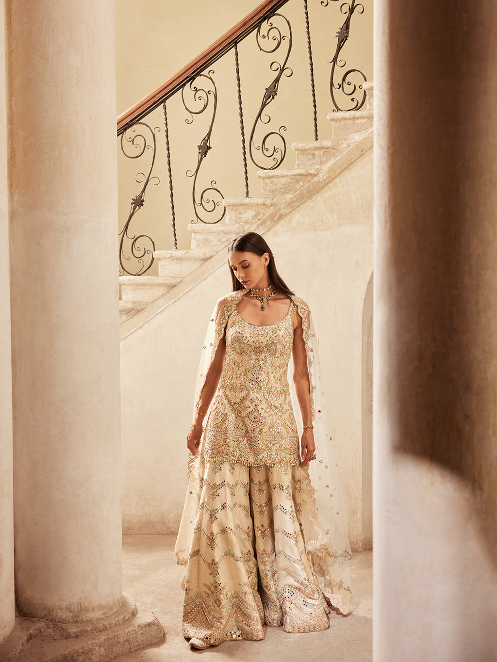 Ivory Chevron Mirror Sharara Set