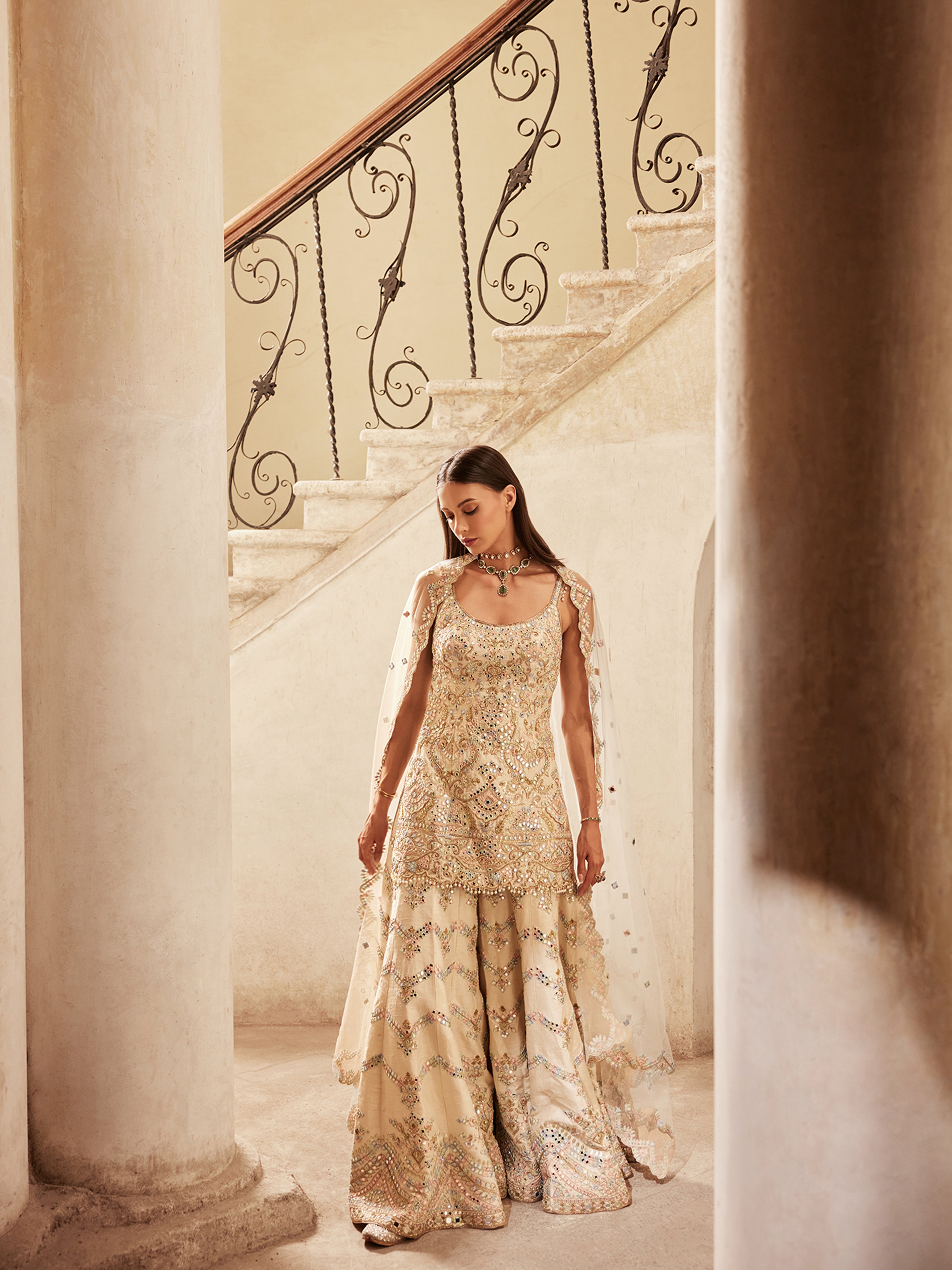 Ivory Chevron Mirror Sharara Set