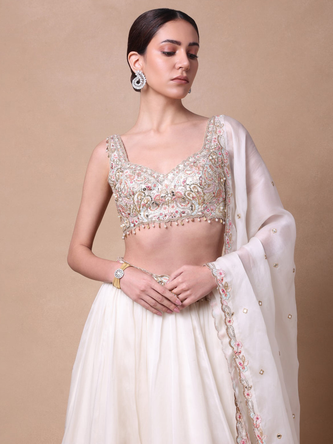 Ivory Organza Lehenga Set With Placement Embroidery